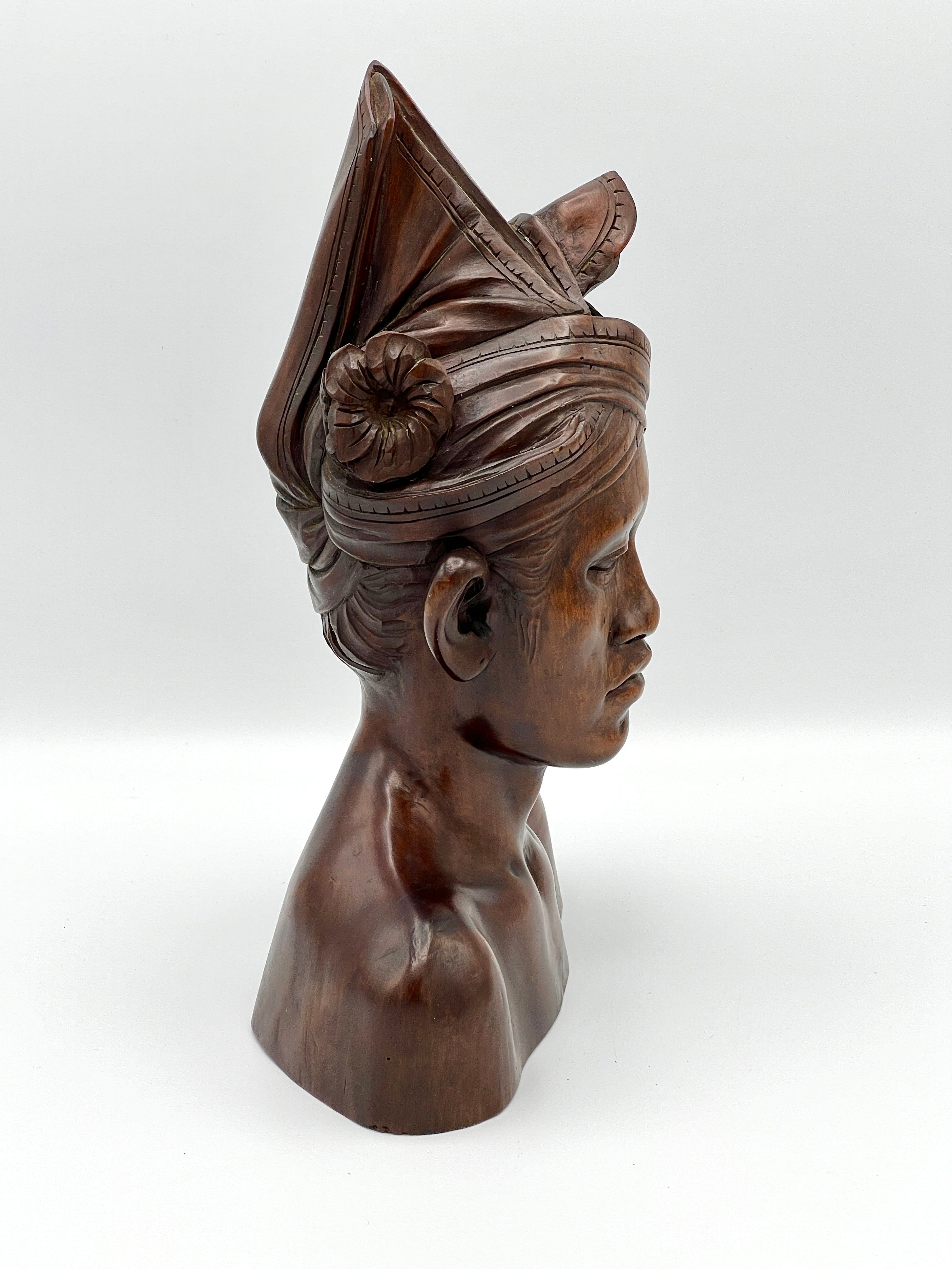 Vintage Malaysian Hard Wood Bust Sculpture w/ Headdress