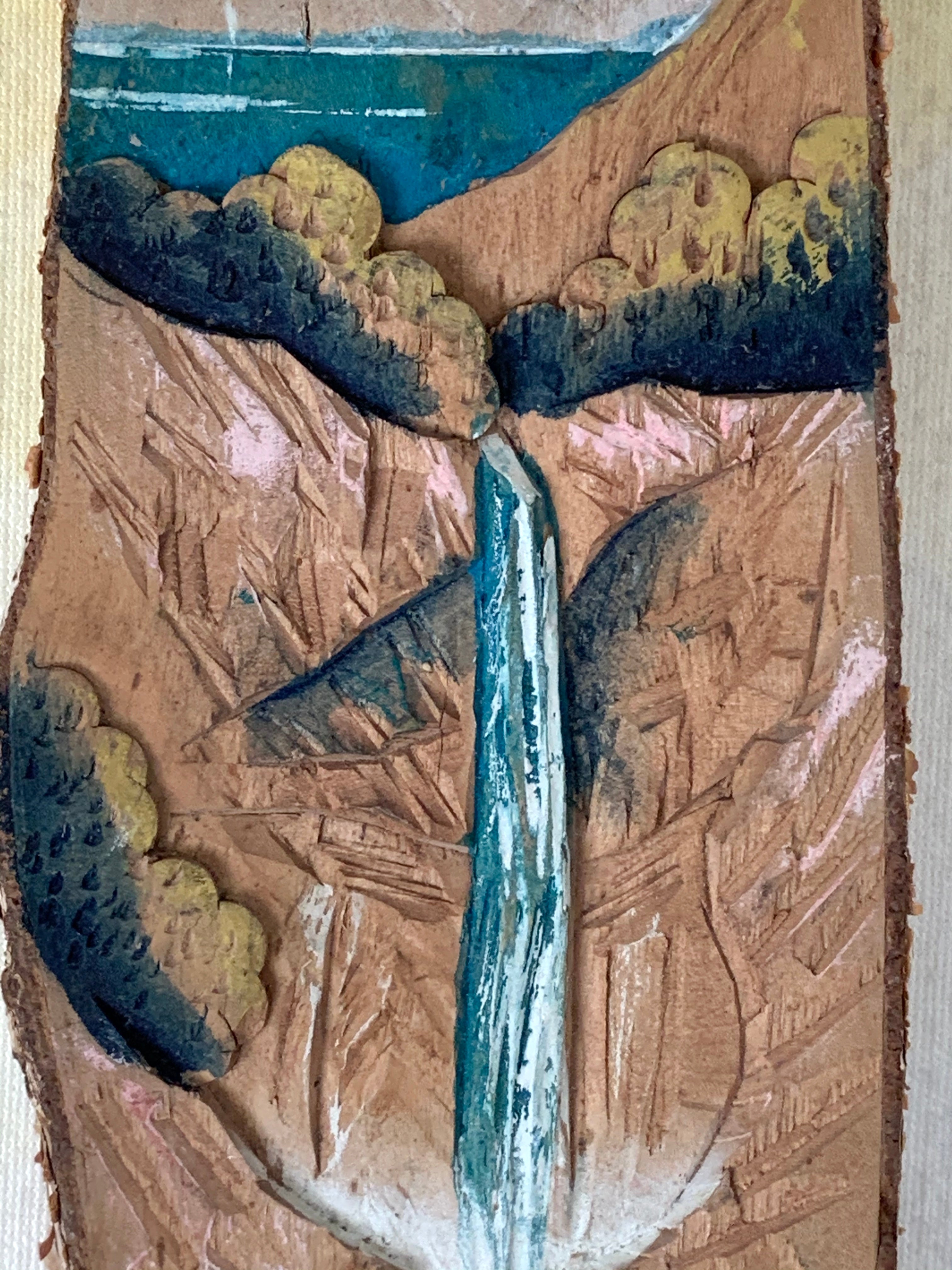 Mixed Media Art Carving on Wood Tree Bark Scenic & Waterfall View