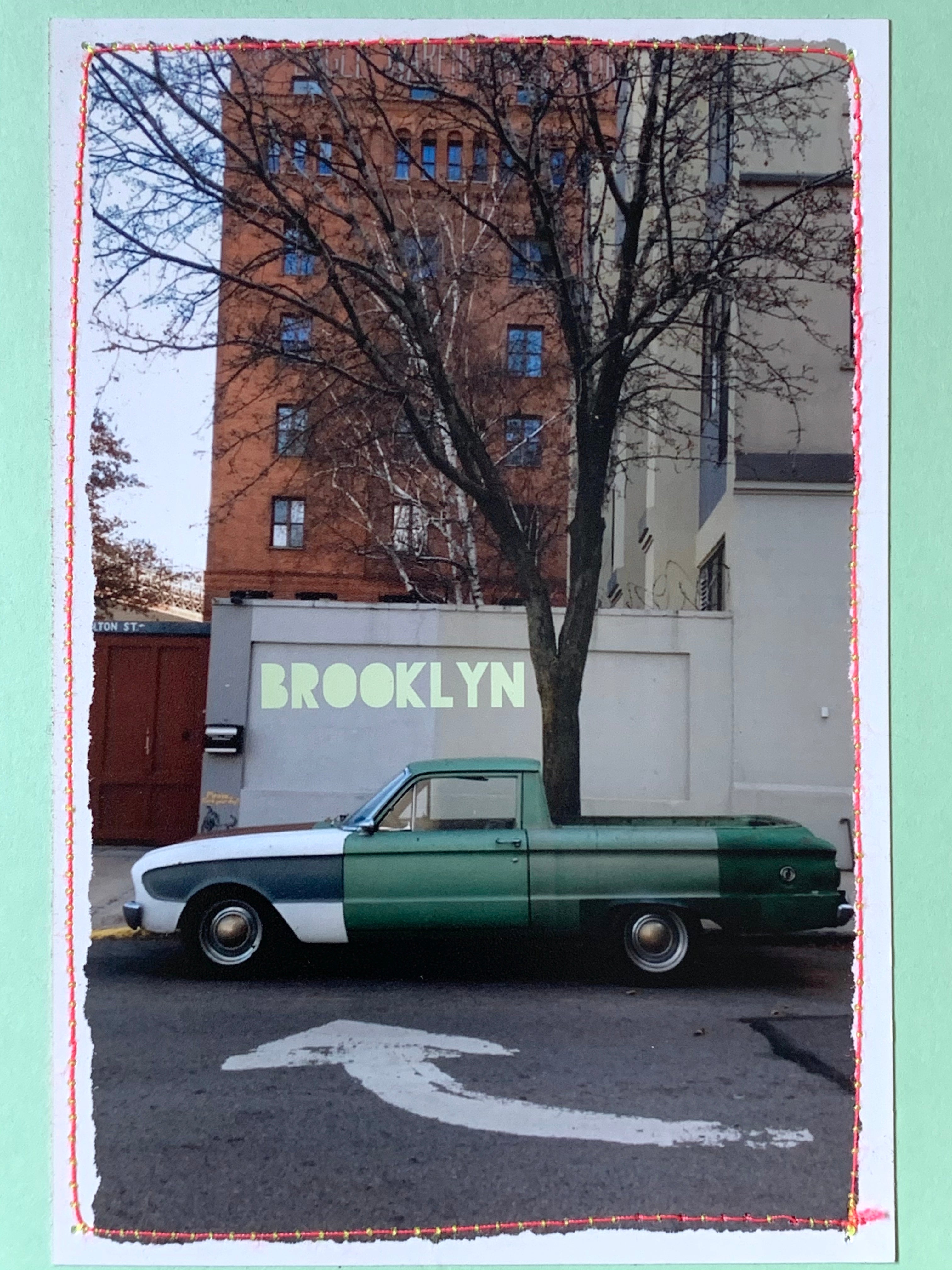 Oversized Handmade Postcard "Brooklyn" Green Vintage Car