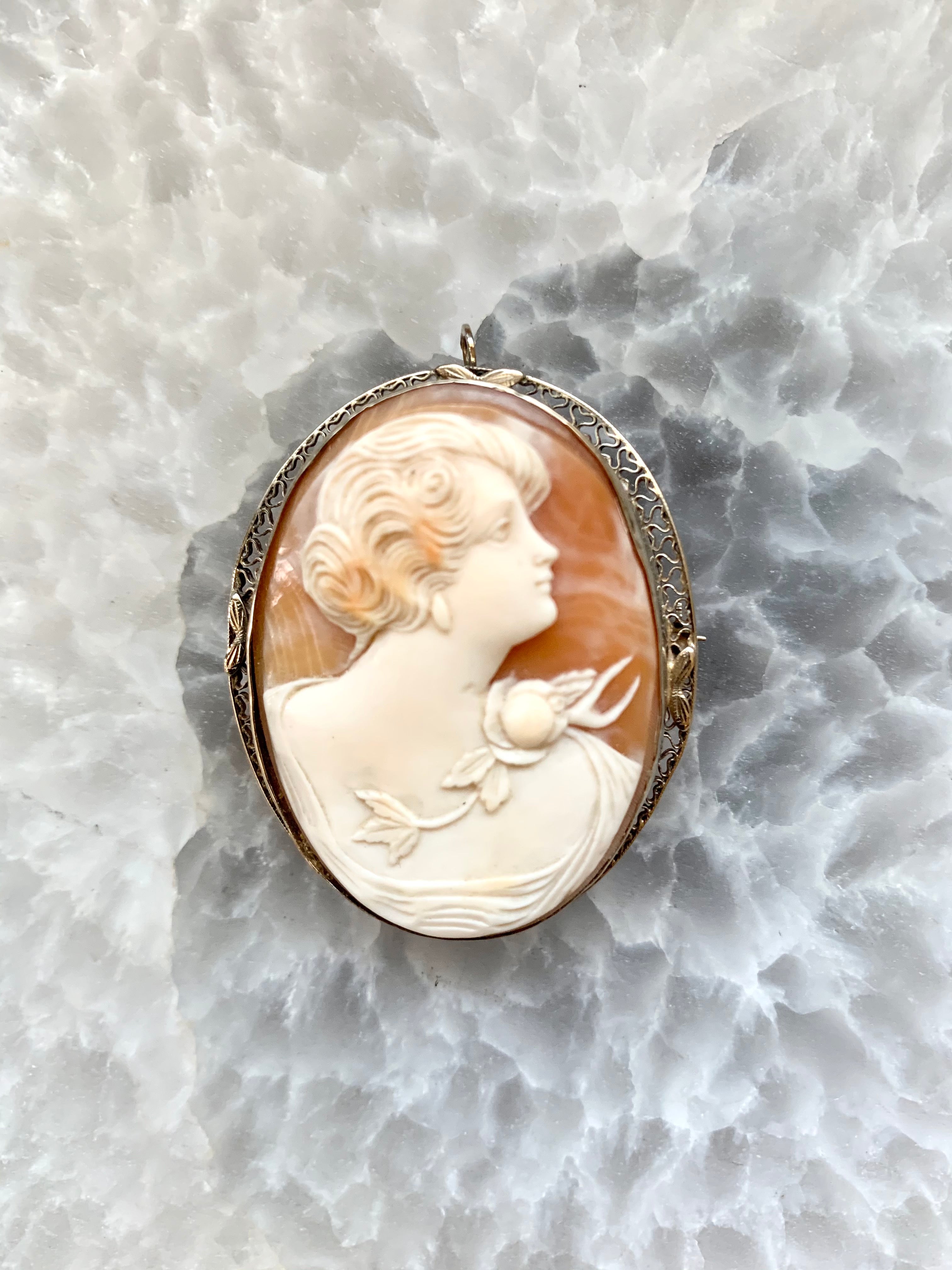 Hand Carved Shell Cameo Brooch with Bail