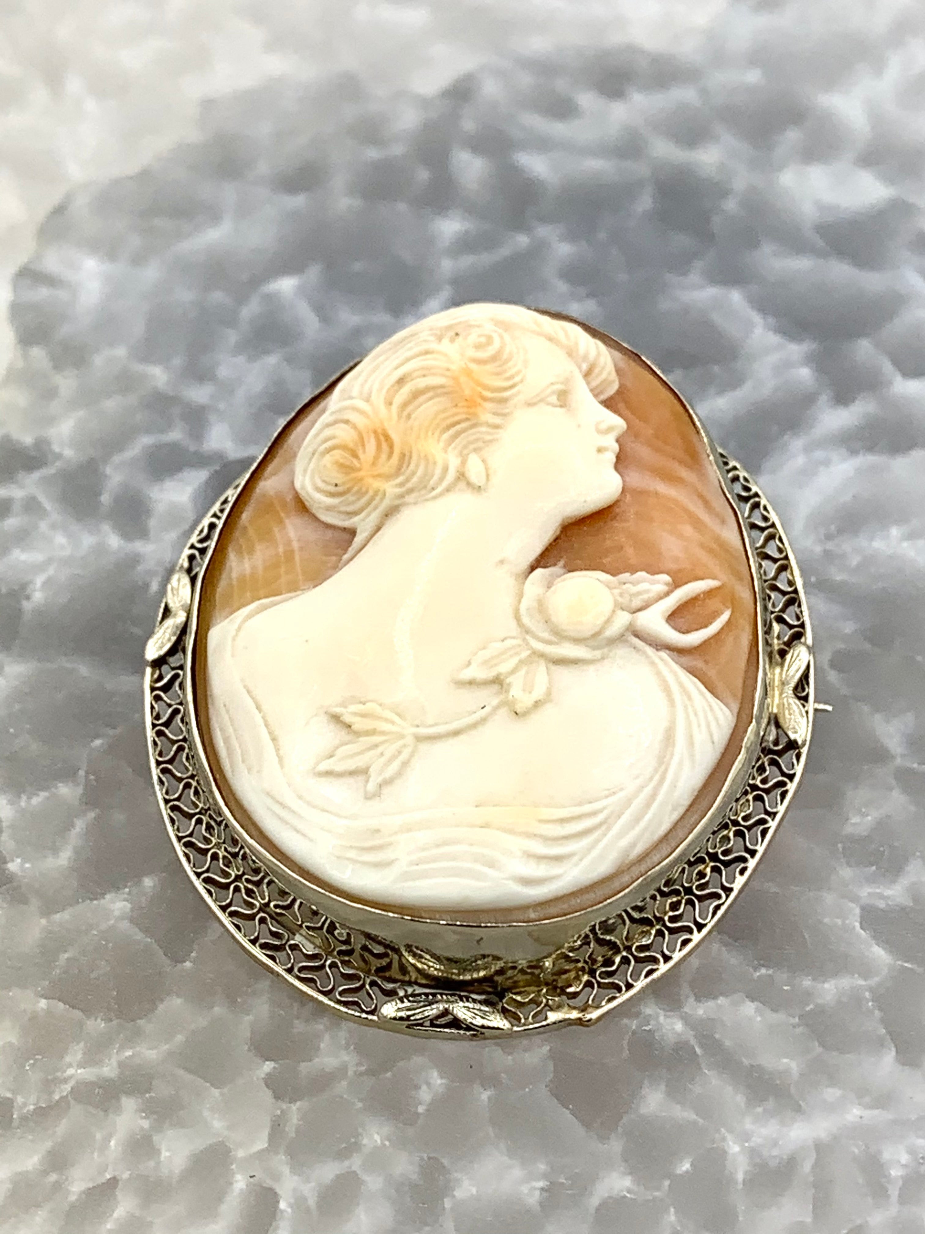 Hand Carved Shell Cameo Brooch with Bail