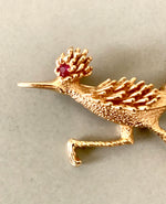 Load image into Gallery viewer, Vintage 14K Yellow Gold &amp; Ruby Road Runner Brooch
