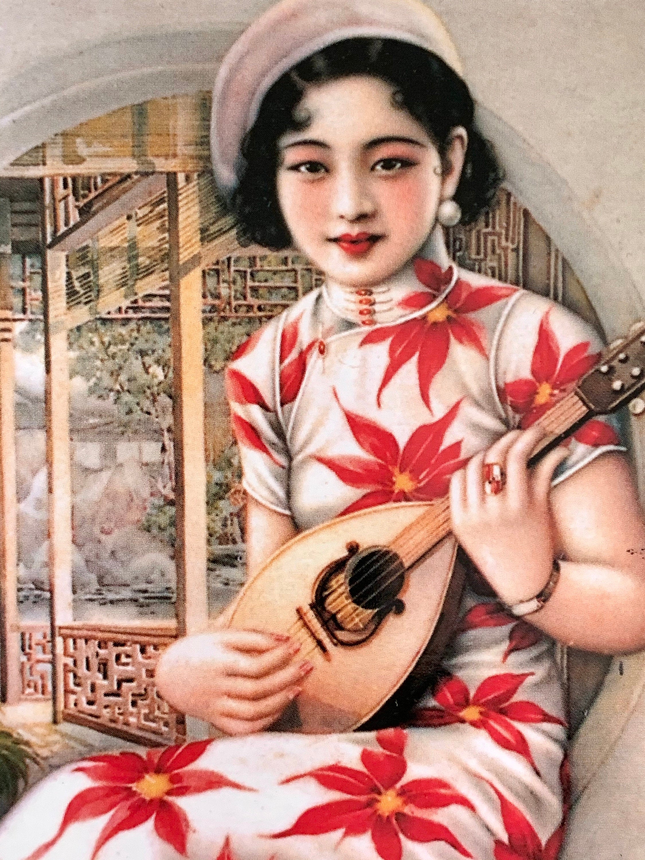 Postcard Art, Asian Woman Playing Mandolin in Red and White Silk Dress w/ Floral Pattern