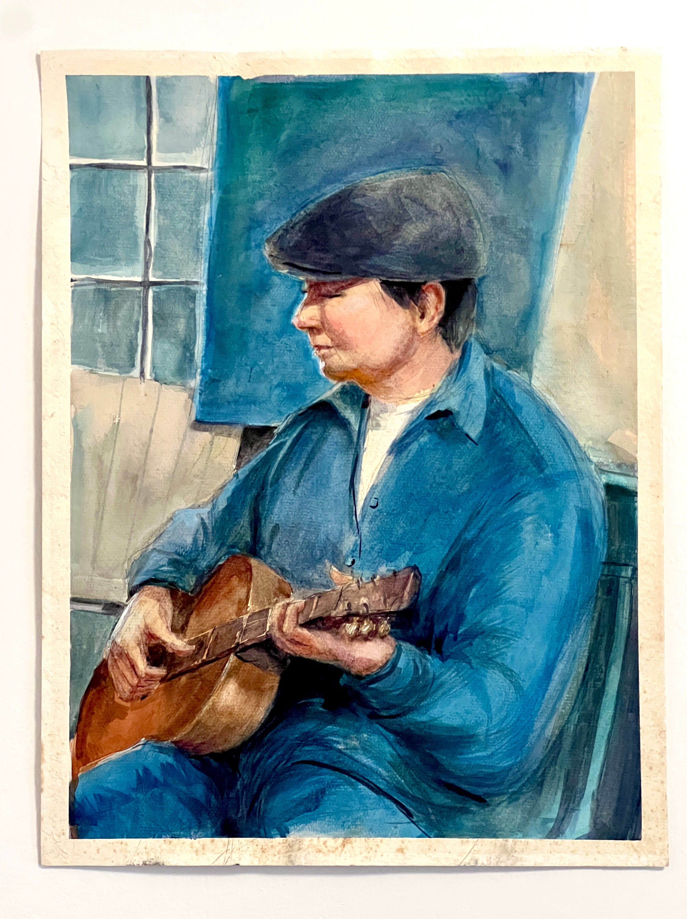 Portrait of Musician Playing Guitar (Blue)Original Watercolor