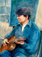Portrait of Musician Playing Guitar (Blue)Original Watercolor