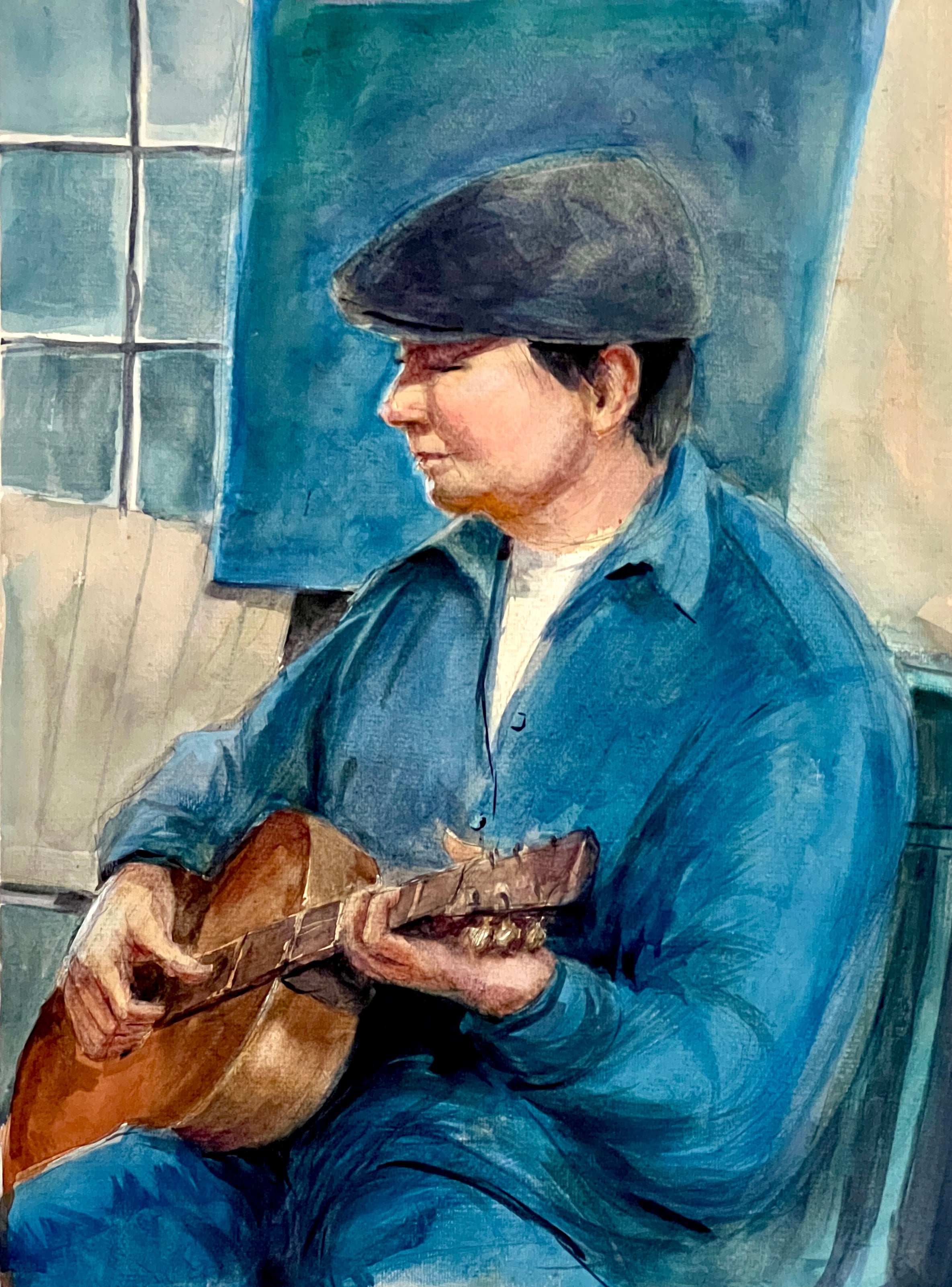 Portrait of Musician Playing Guitar (Blue)Original Watercolor