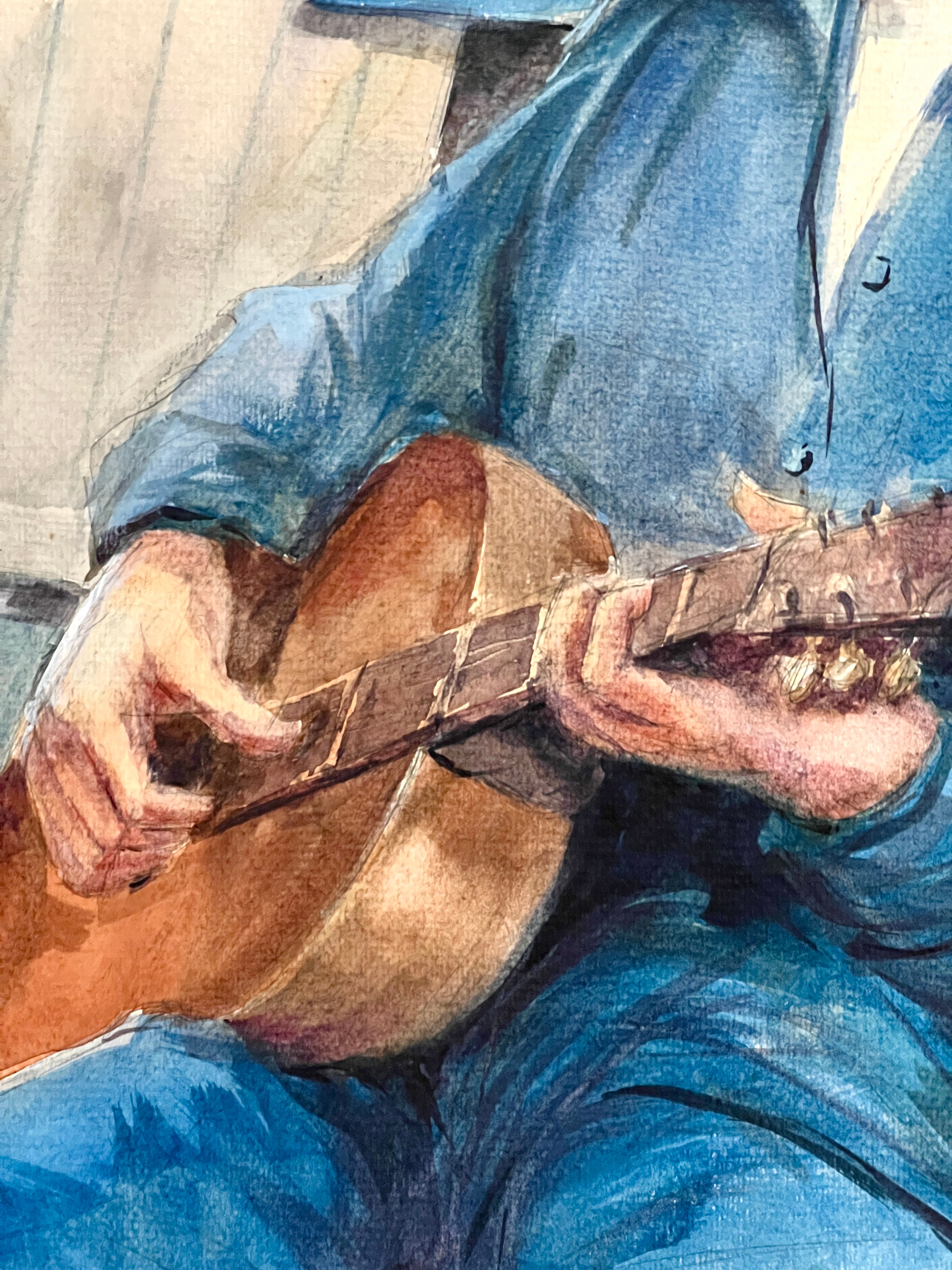 Portrait of Musician Playing Guitar (Blue)Original Watercolor