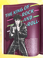Magazine or book page with a stylized illustration of Elvis  in a leather jacket and text 'The King of Rock and Roll' on a purple background.