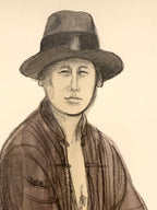 Black and white drawing of a person wearing a hat and coat on a beige background
