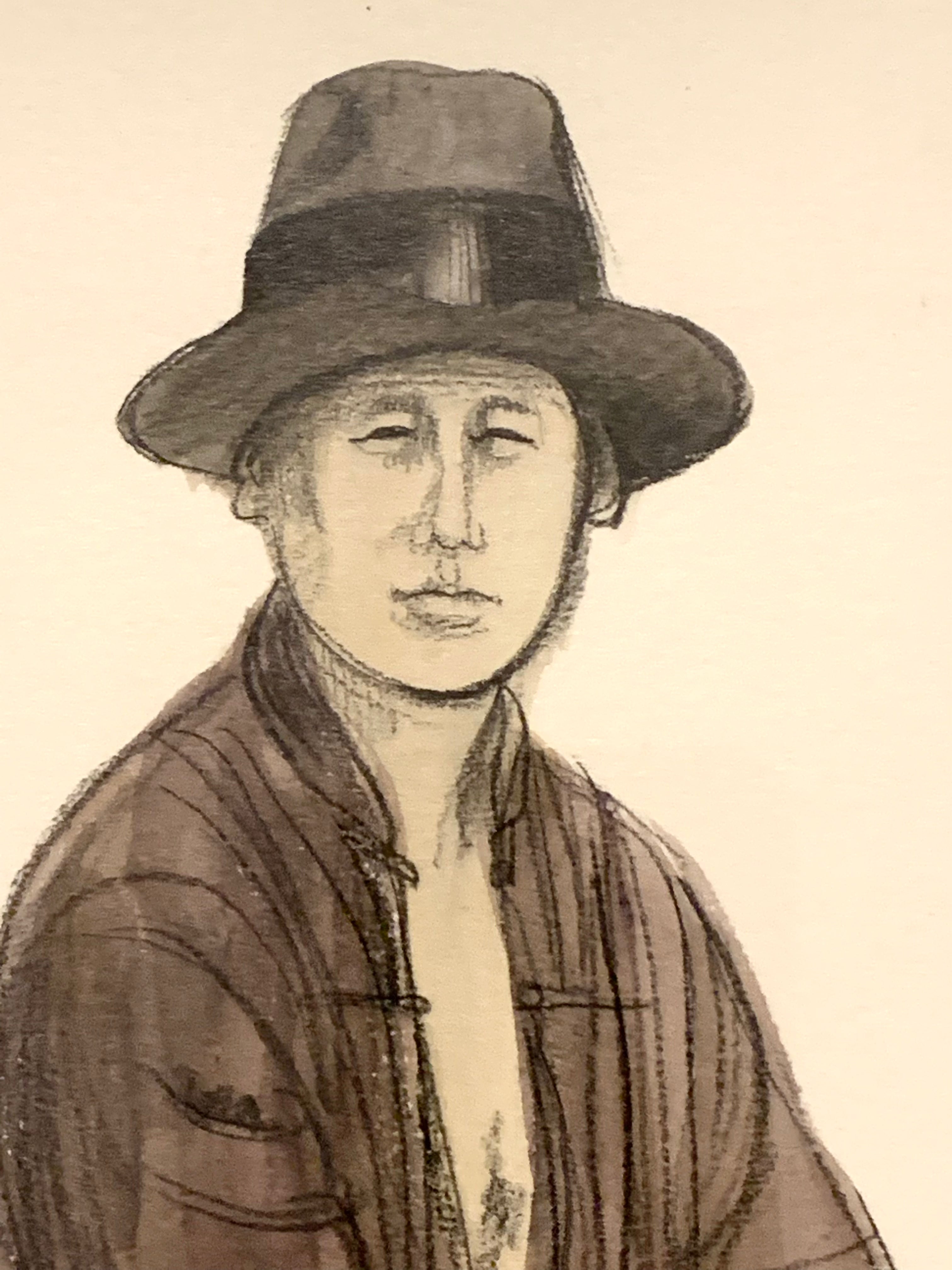 Black and white drawing of a person wearing a hat and coat on a beige background