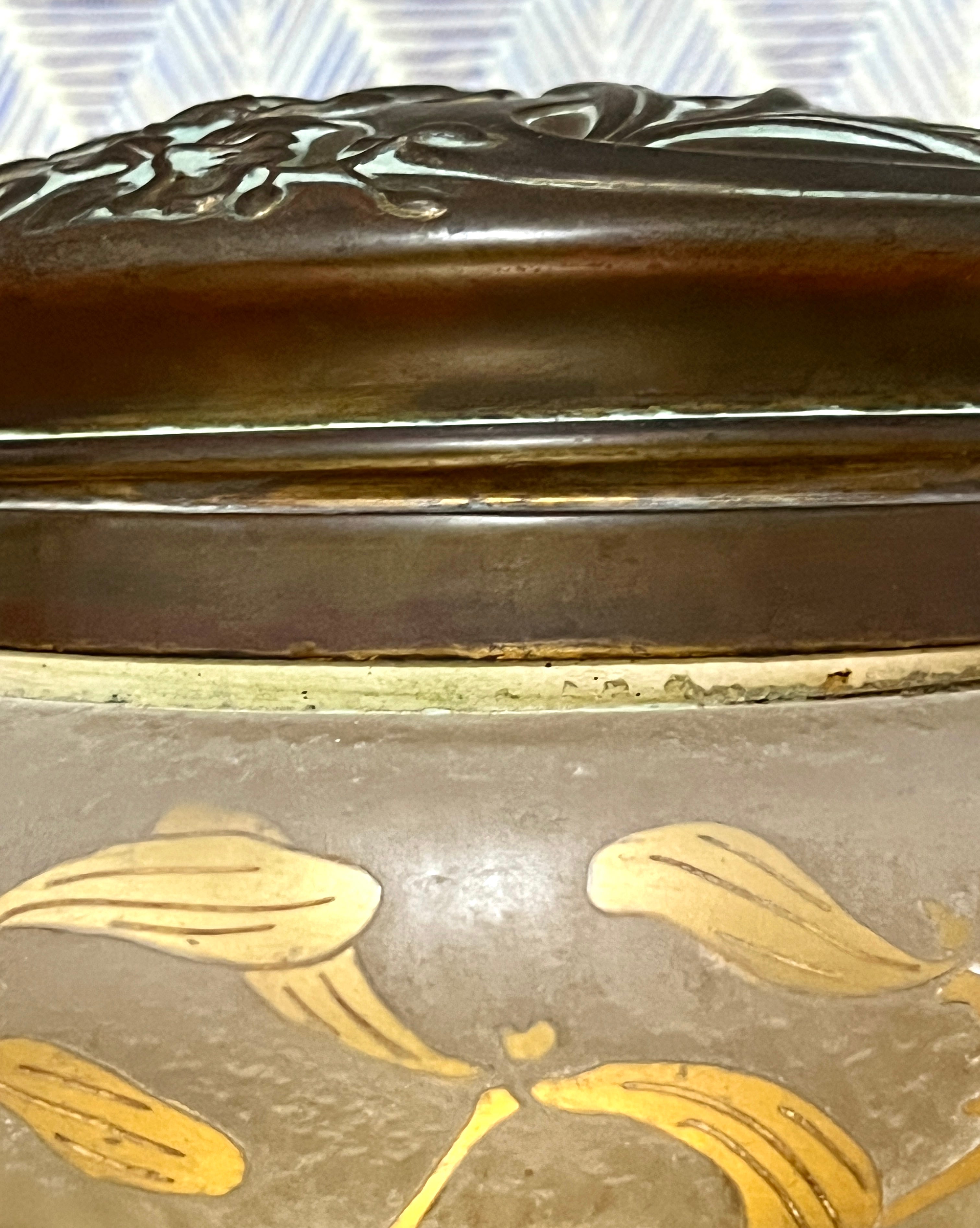 Antique Vanity Dresser Powder Jar Art Nouveau w/ Repousse Brass Lid