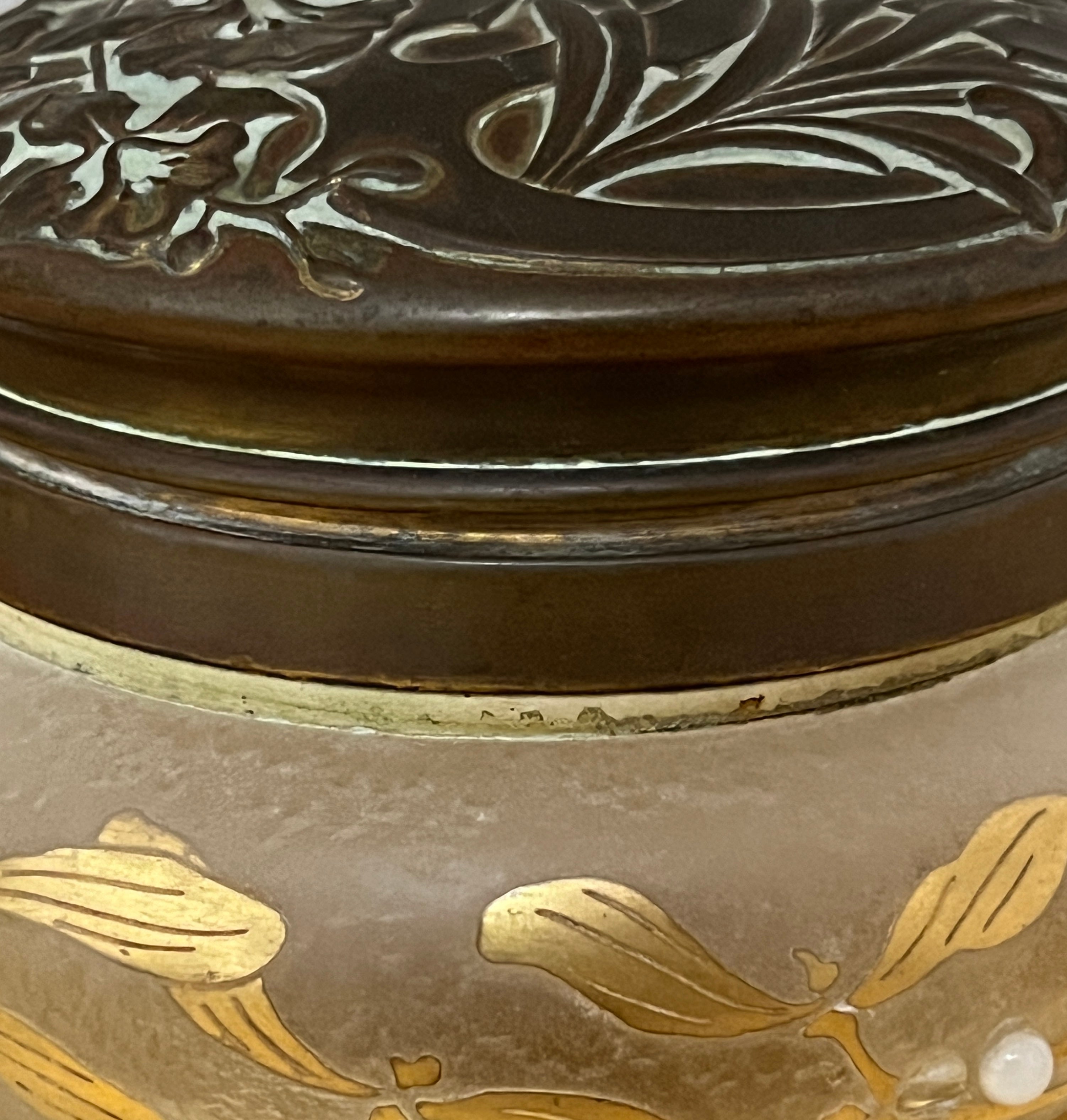 Antique Vanity Dresser Powder Jar Art Nouveau w/ Repousse Brass Lid