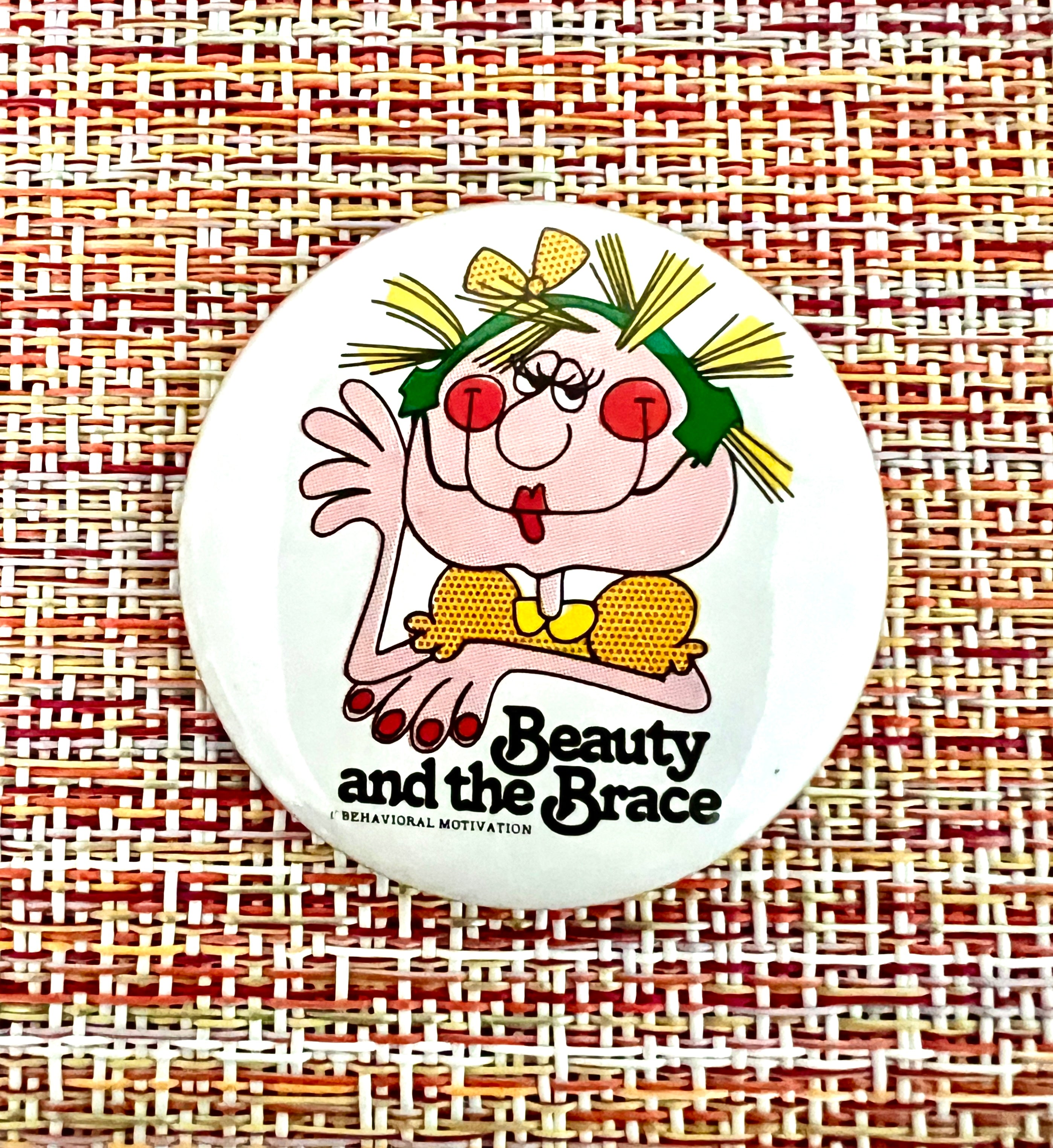"Beauty and the Brace" Quirky Vintage Pinback Button