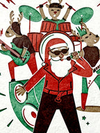 Illustration of a rockstar Santa Claus with reindeer playing instruments on a white background