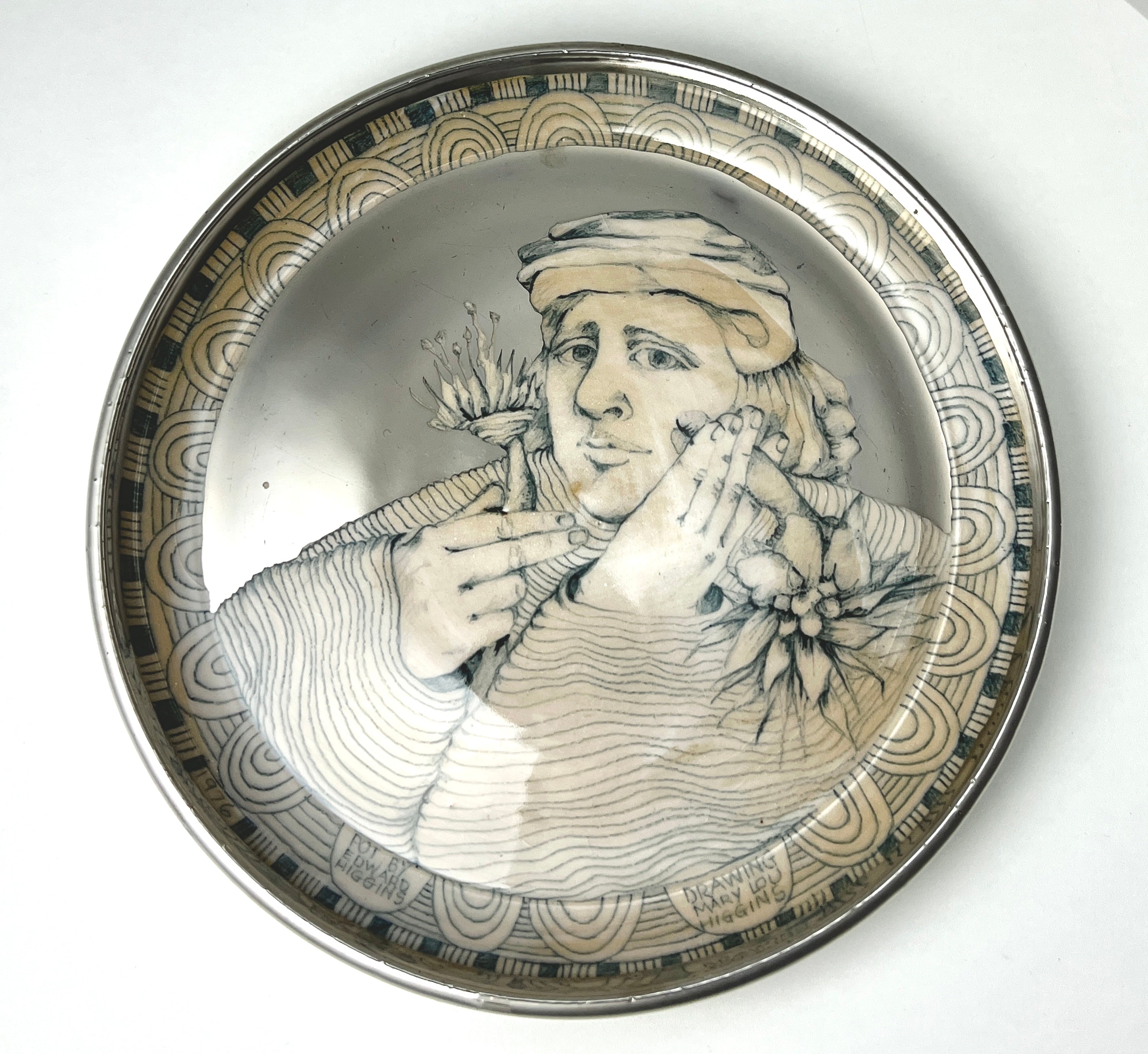 Mary Lou Higgins & Edward Higgins Ceramic Plate 1976 High Gloss Silver Glaze Portrait