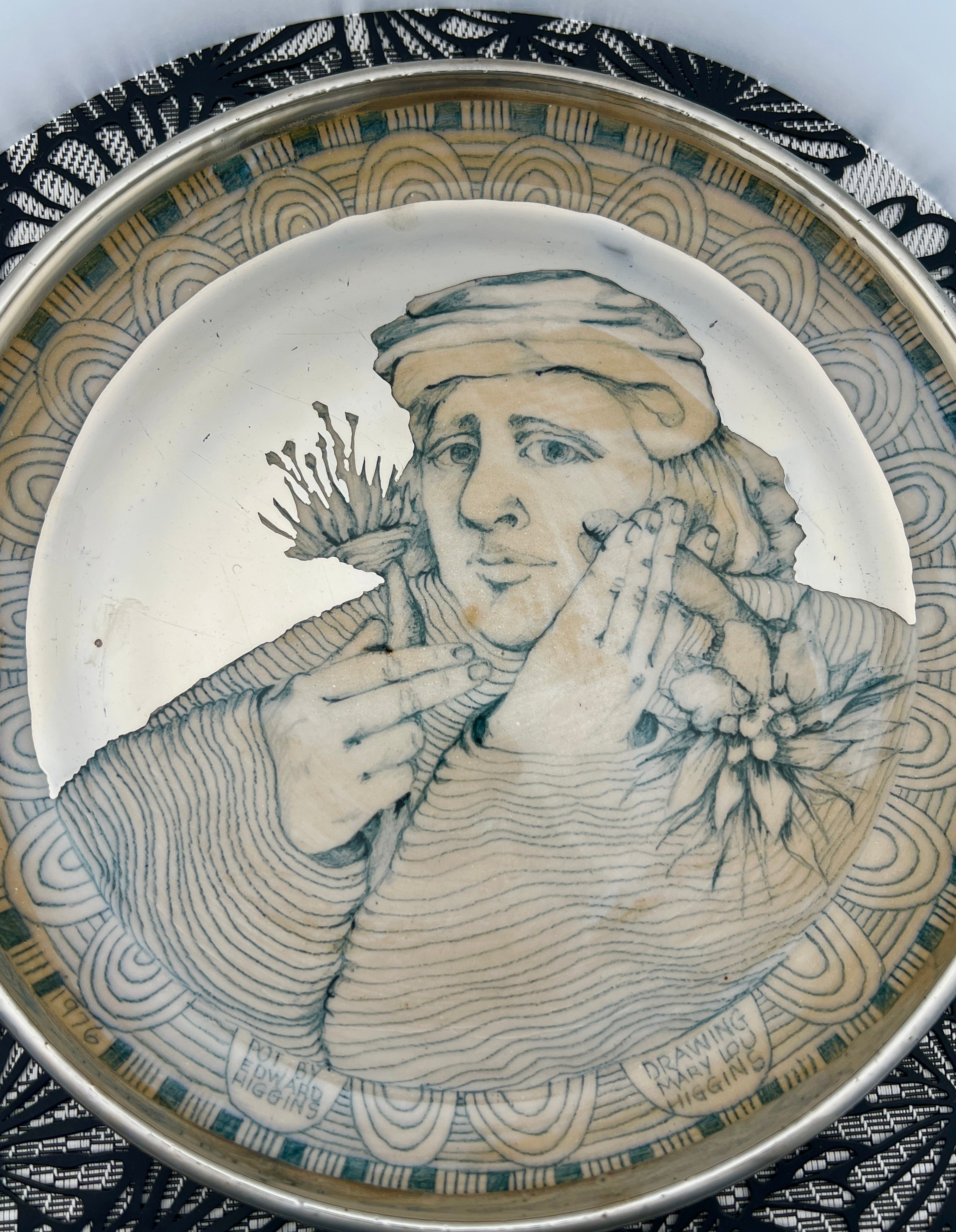 Mary Lou Higgins & Edward Higgins Ceramic Plate 1976 High Gloss Silver Glaze Portrait
