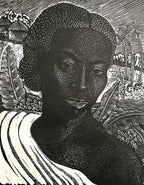 A black and white print titled 'Mother Africa' by Margaret Taylor Burroughs, featuring a portrait of an African woman with a landscape in the background.