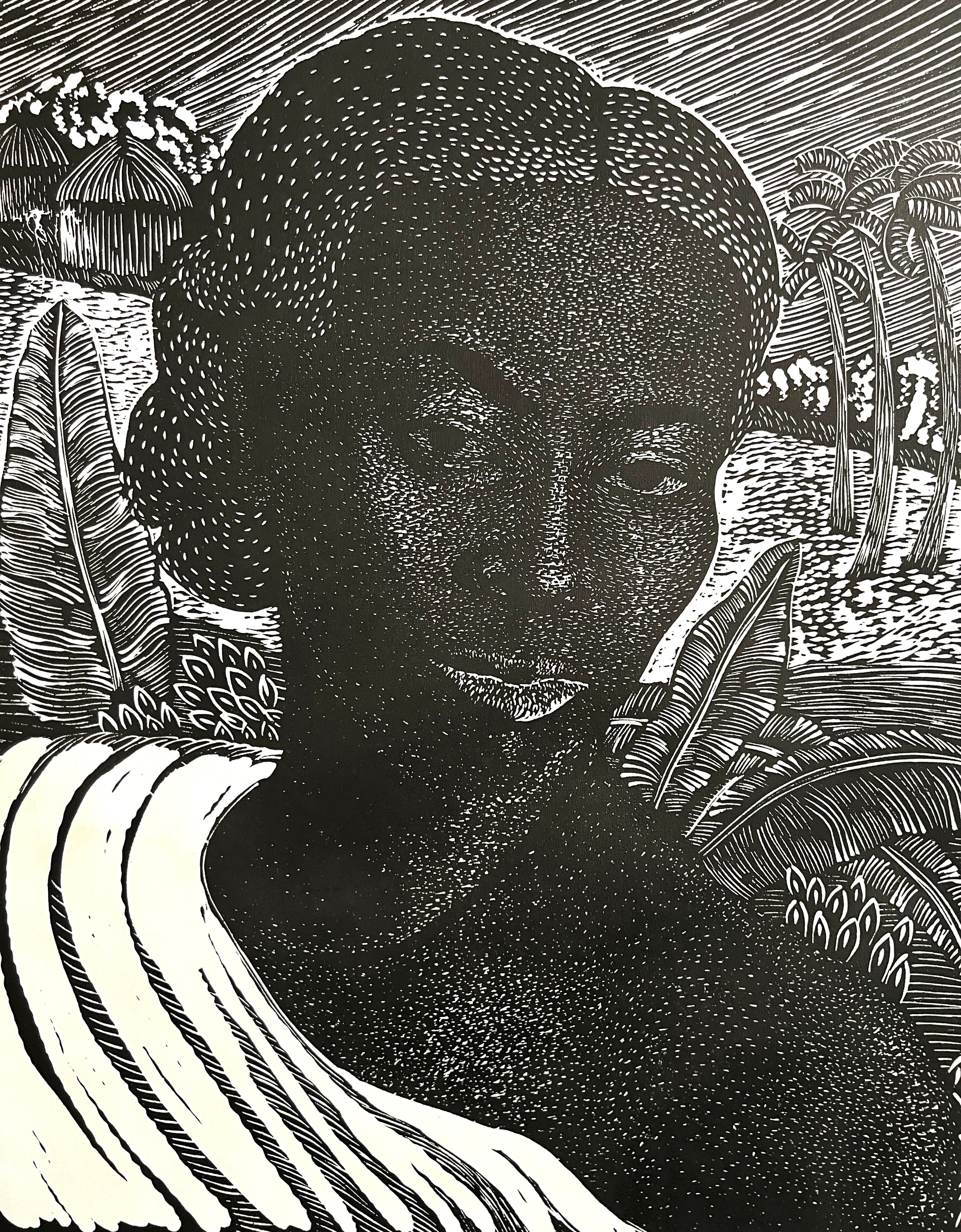 A black and white print titled 'Mother Africa' by Margaret Taylor Burroughs, featuring a portrait of an African woman with a landscape in the background.