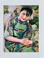 Postcard Art: Seated Portrait ; Green Pattern Silk Dress