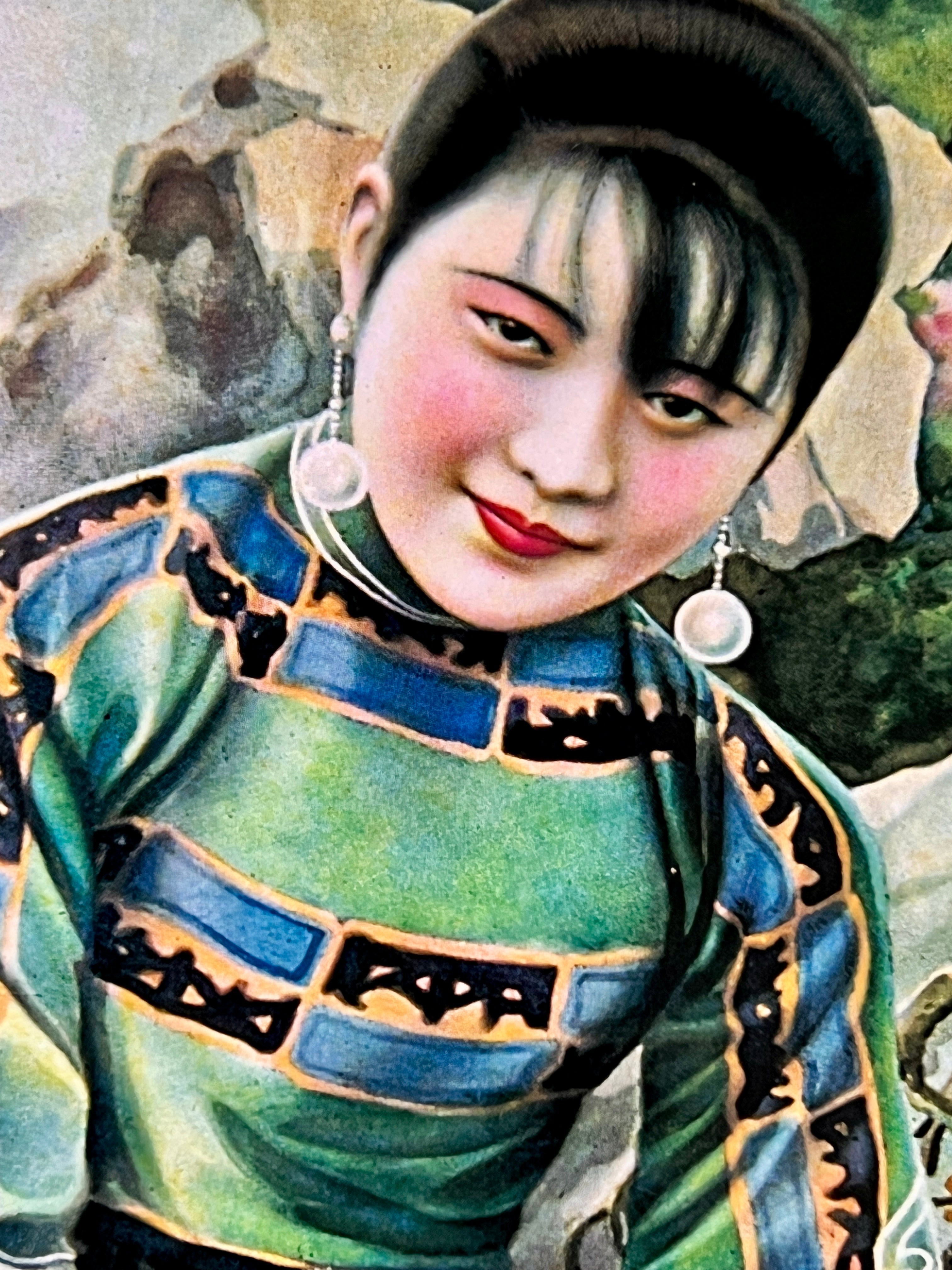 Postcard Art: Seated Portrait ; Green Pattern Silk Dress