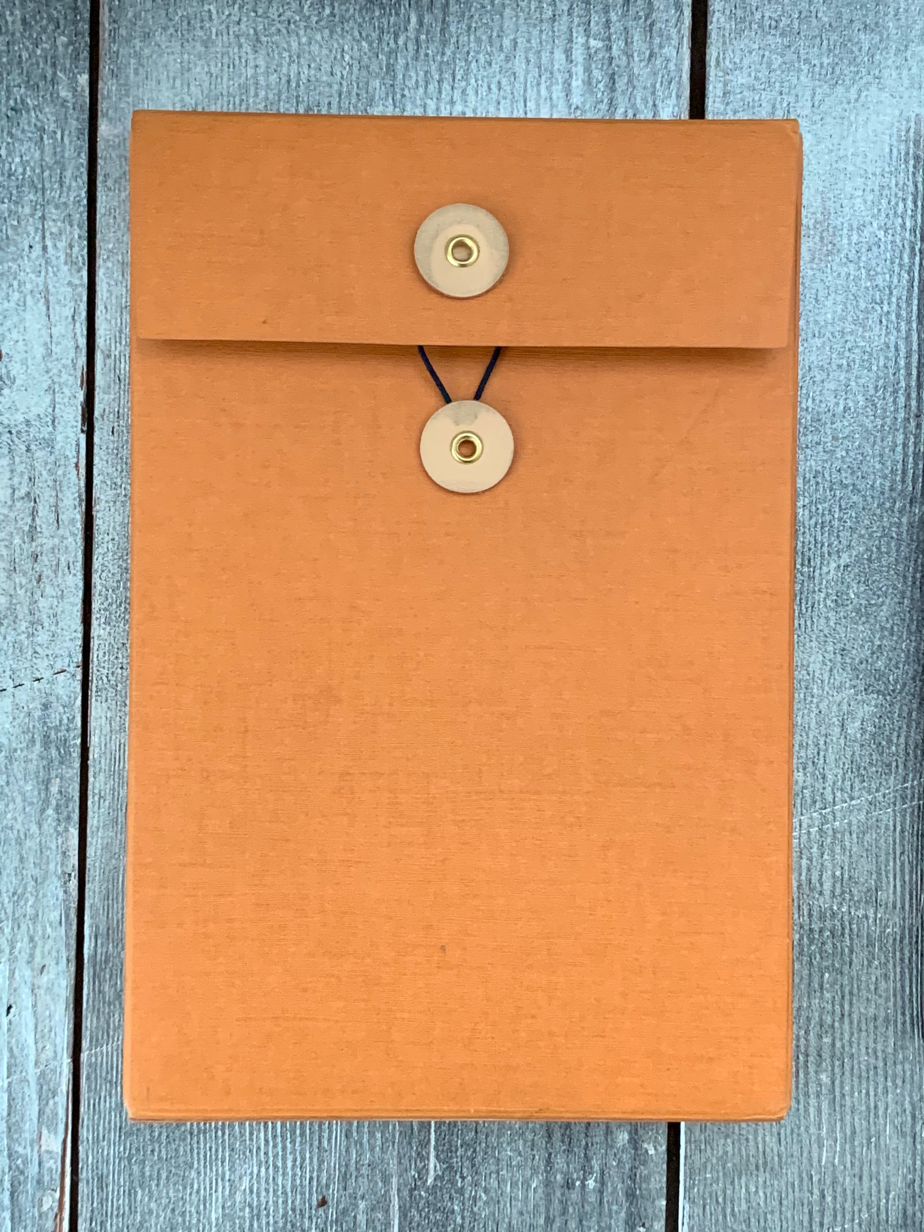 Brown envelope with button closure on a wooden surface
