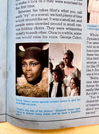 Book page with text and images of a woman wearing special contact lenses and another woman in a white dress.