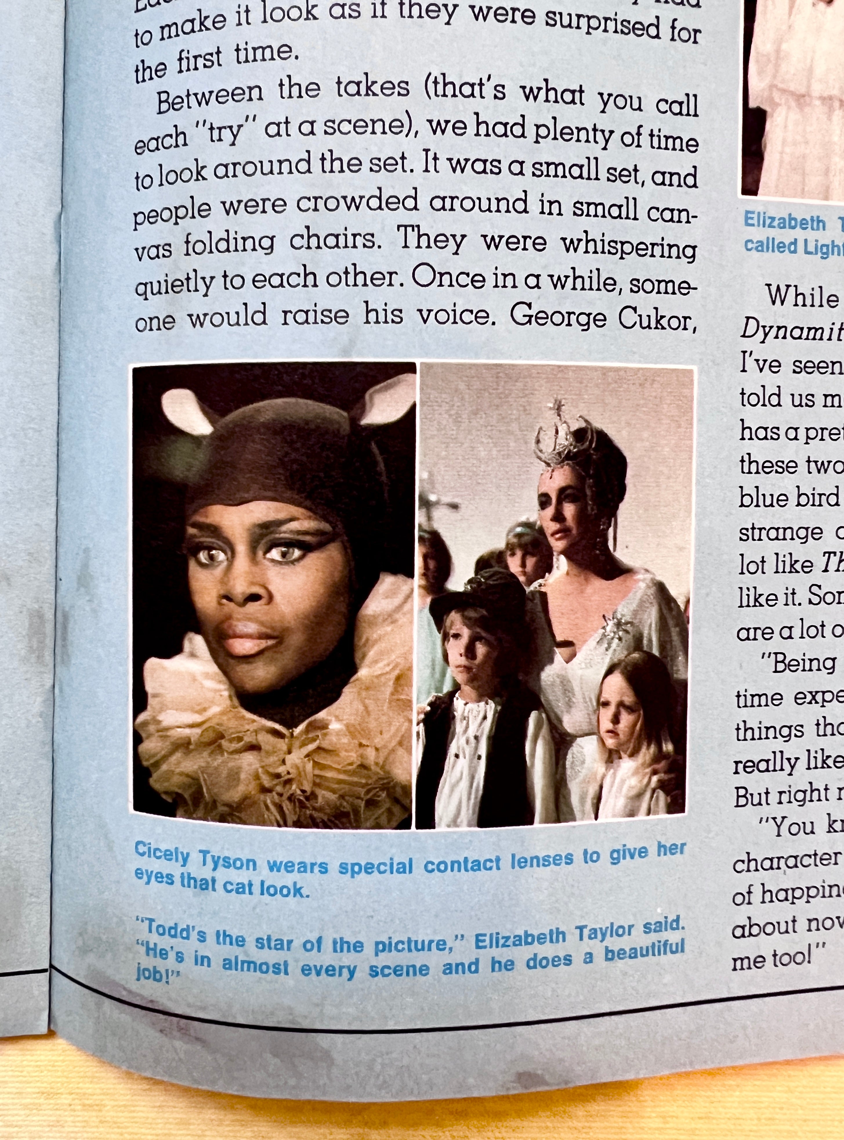 Book page with text and images of a woman wearing special contact lenses and another woman in a white dress.