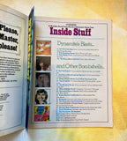 Open book with a page titled 'Inside Stuff' from Dynamite, featuring text and images on a yellowish background.