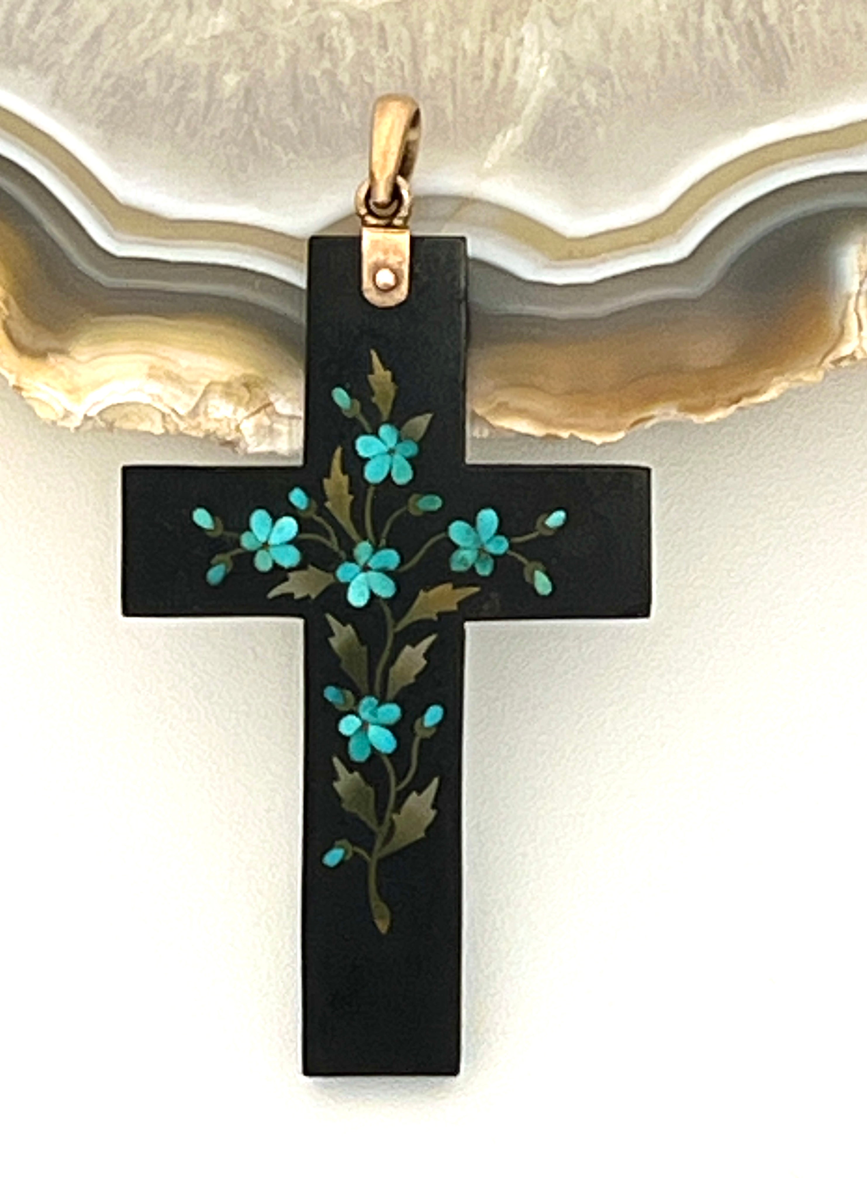 Antique "Pietra Dura" Black Onyx & Agate Cross Pendant
