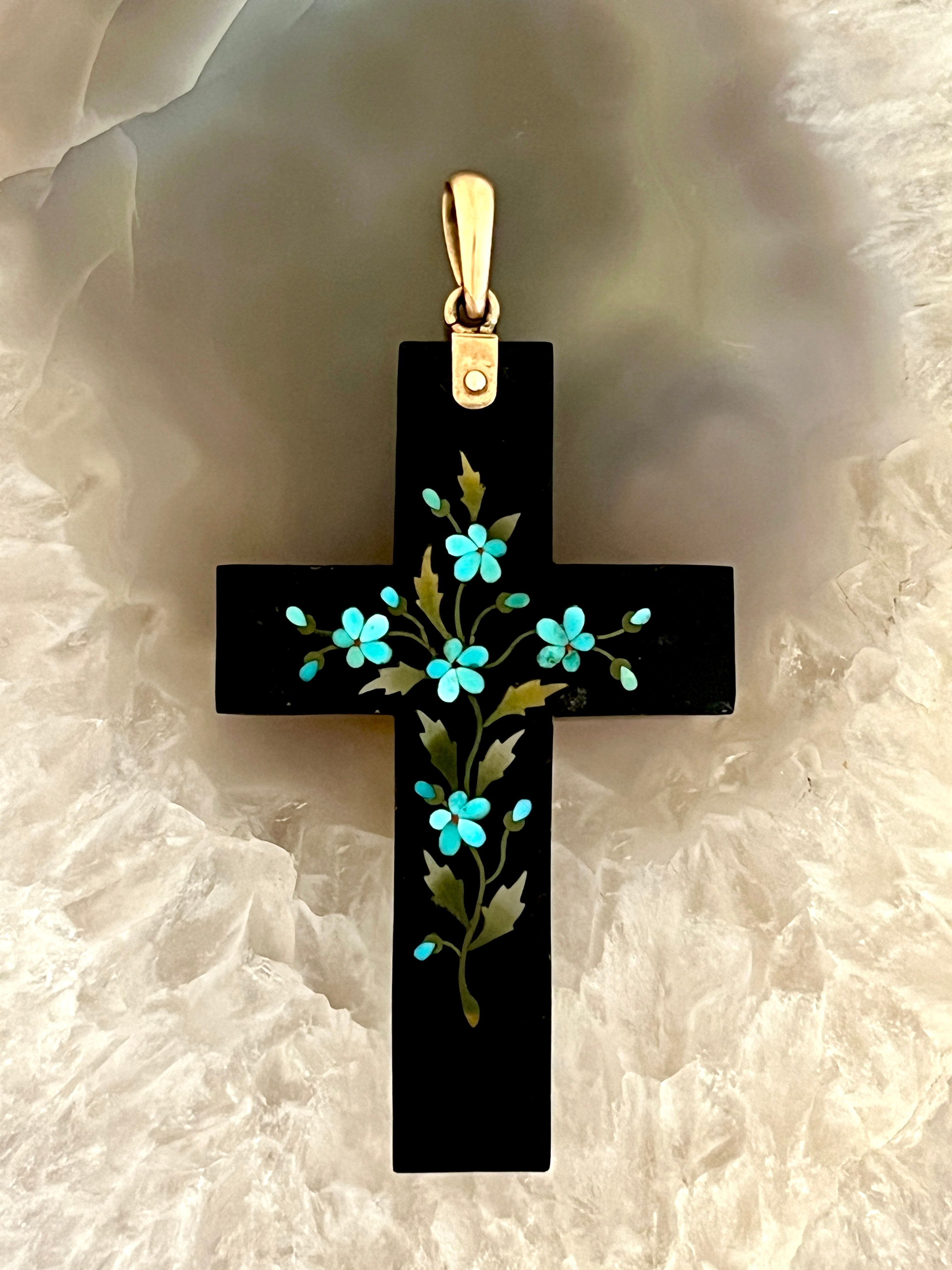 Antique "Pietra Dura" Black Onyx & Agate Cross Pendant