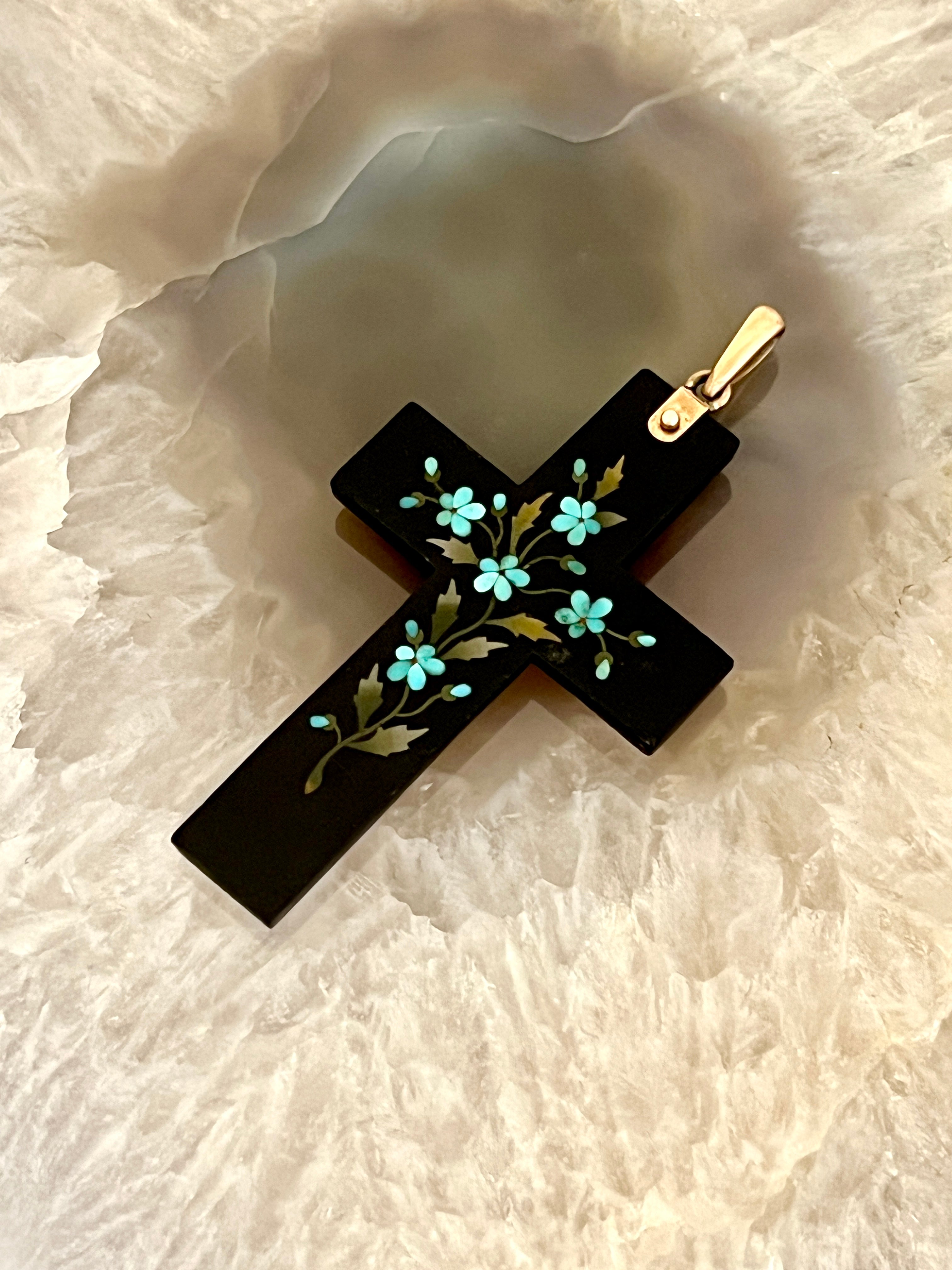 Antique "Pietra Dura" Black Onyx & Agate Cross Pendant