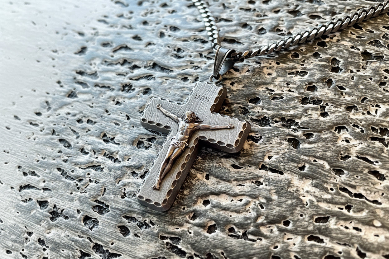 Cross pendant with Jesus Christ on a textured metal surface