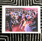 Artistic depiction of a lively bar scene with people dancing and socializing.