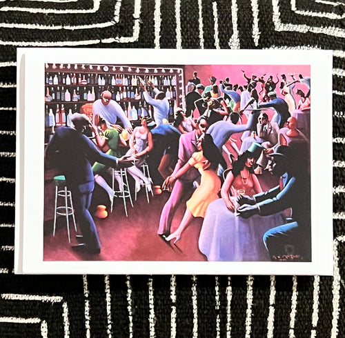 Artistic depiction of a lively bar scene with people dancing and socializing.
