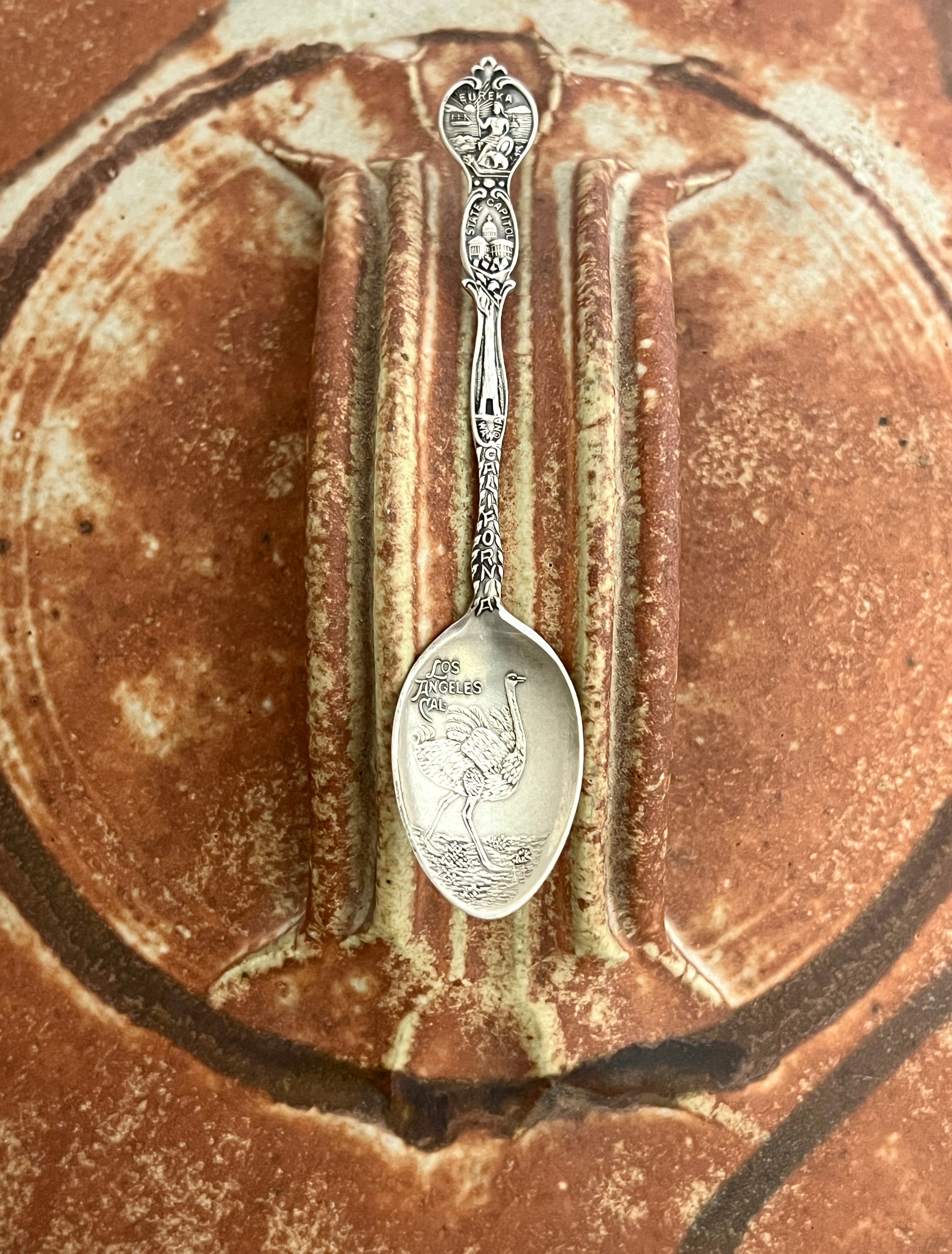 Joseph Mayer & Bros. Sterling Silver Demitasse Souvenir Spoon ("Los Angeles") Ostrich