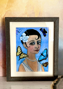Woman With Pin Curls & Butterflies; Art Print