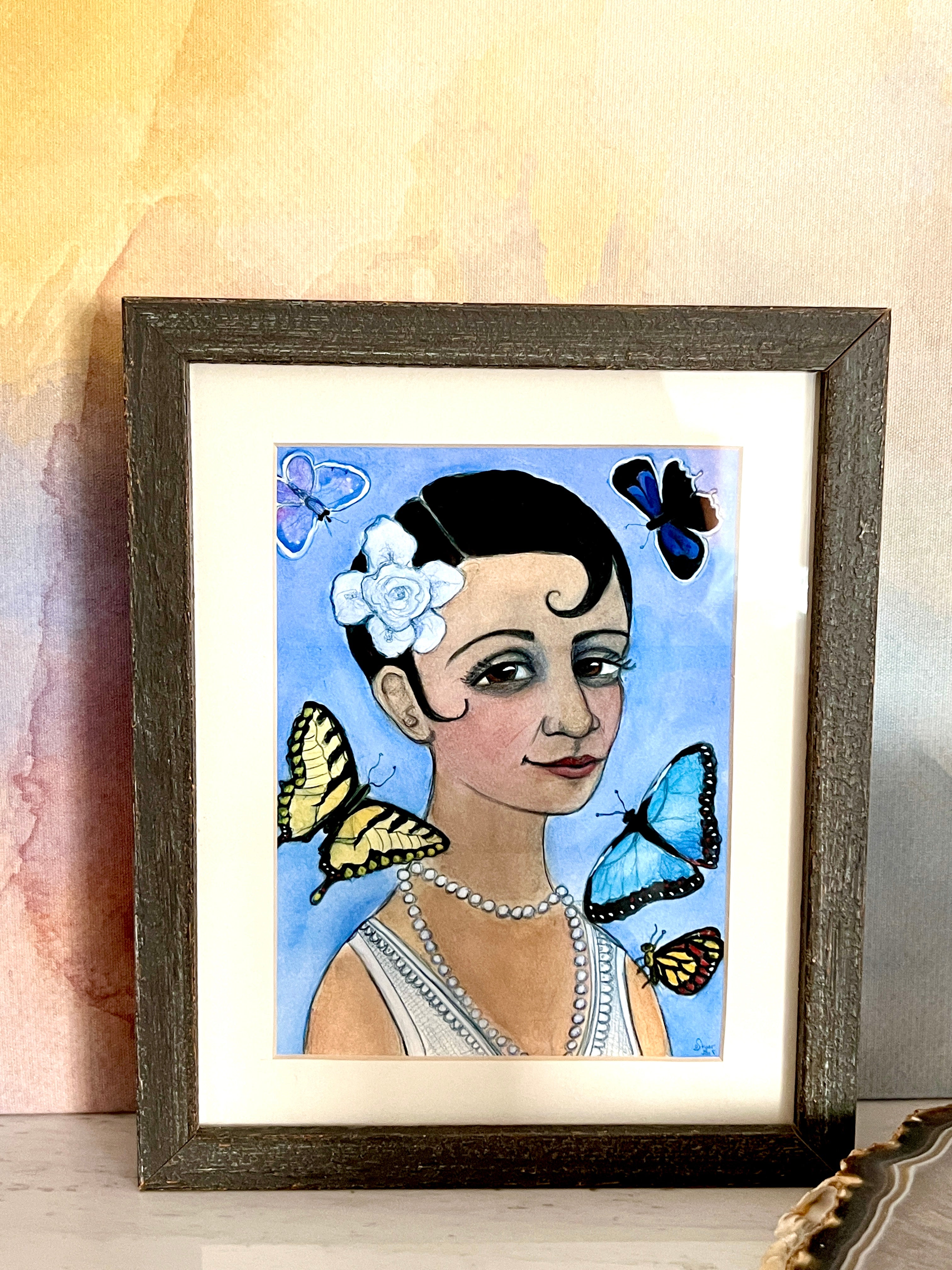Woman With Pin Curls & Butterflies; Art Print