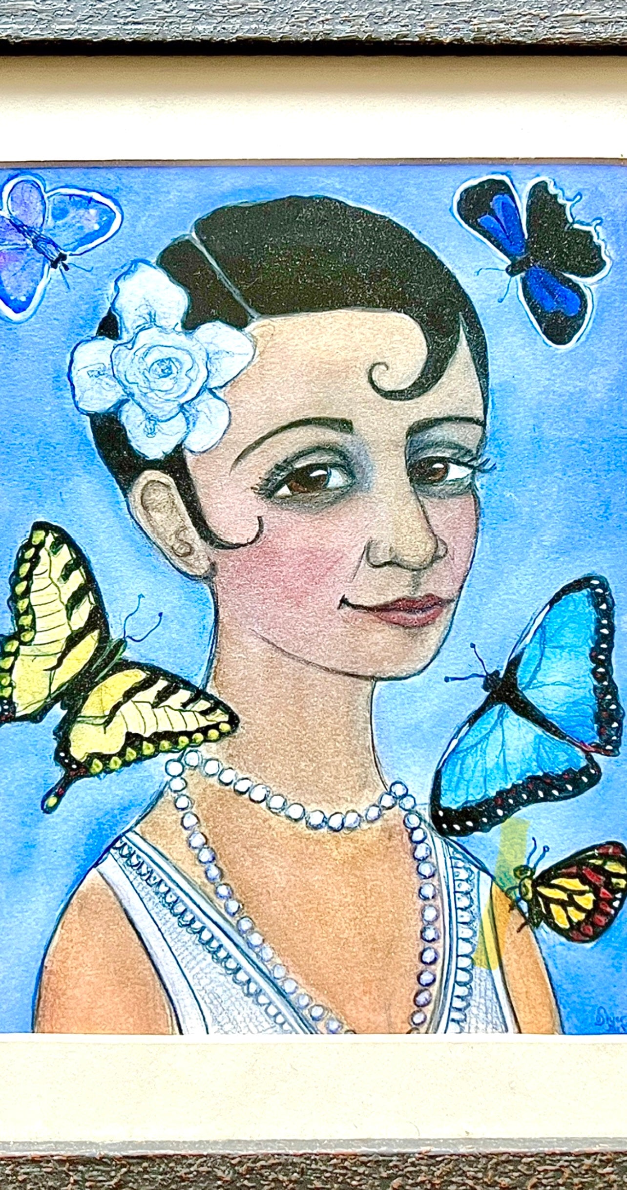 Woman With Pin Curls & Butterflies; Art Print