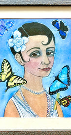 Woman With Pin Curls & Butterflies; Art Print