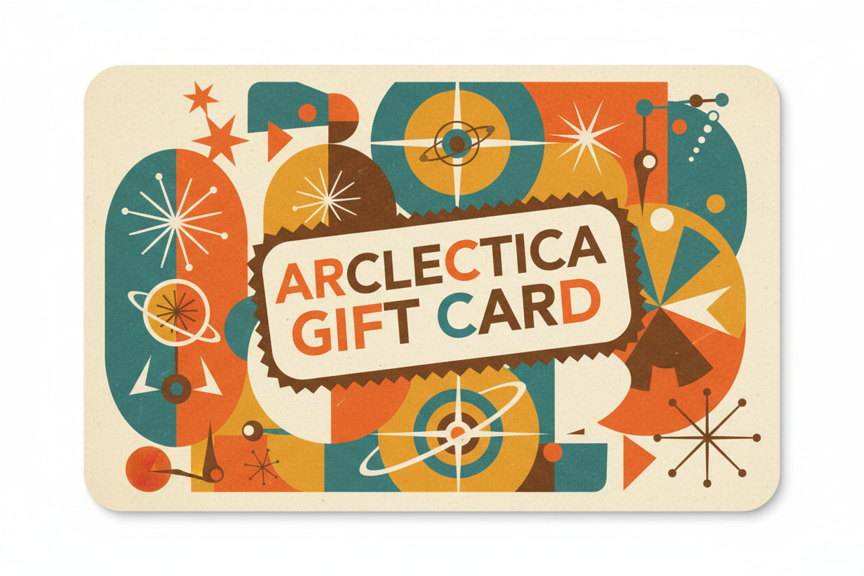 A multicolor vintage mid century modern style design that says Arclectica Gift Card