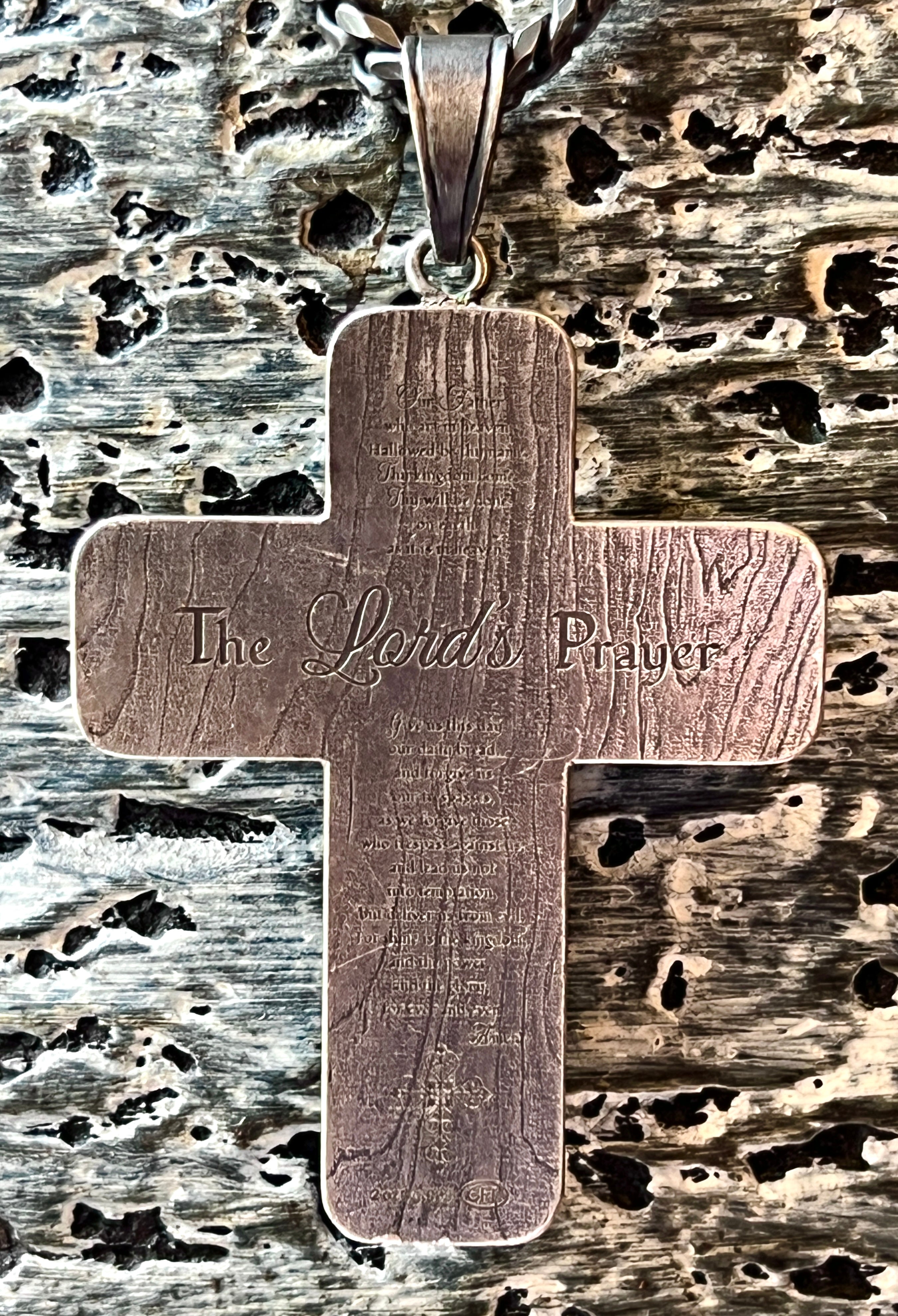 Silver Crucifix Pendant Necklace (w/Antique Finish & The Lord's Prayer)