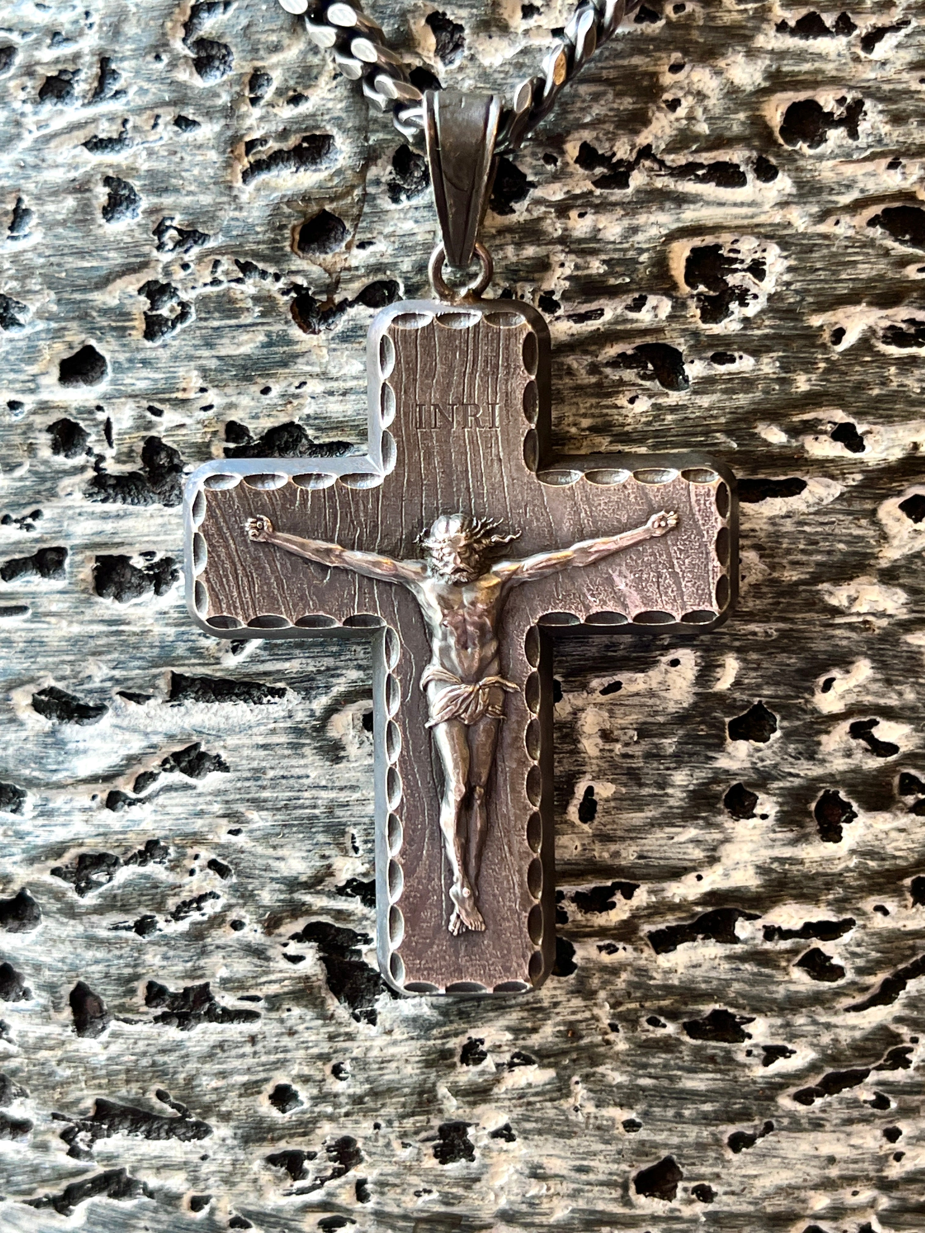 Silver Crucifix Pendant Necklace (w/Antique Finish & The Lord's Prayer)