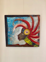 Load image into Gallery viewer, Folk Art Painting Signed Art on Wood Colorful Portrait of Woman w/ Headdress Handmade Yellow Blue Red 1990&#39;s
