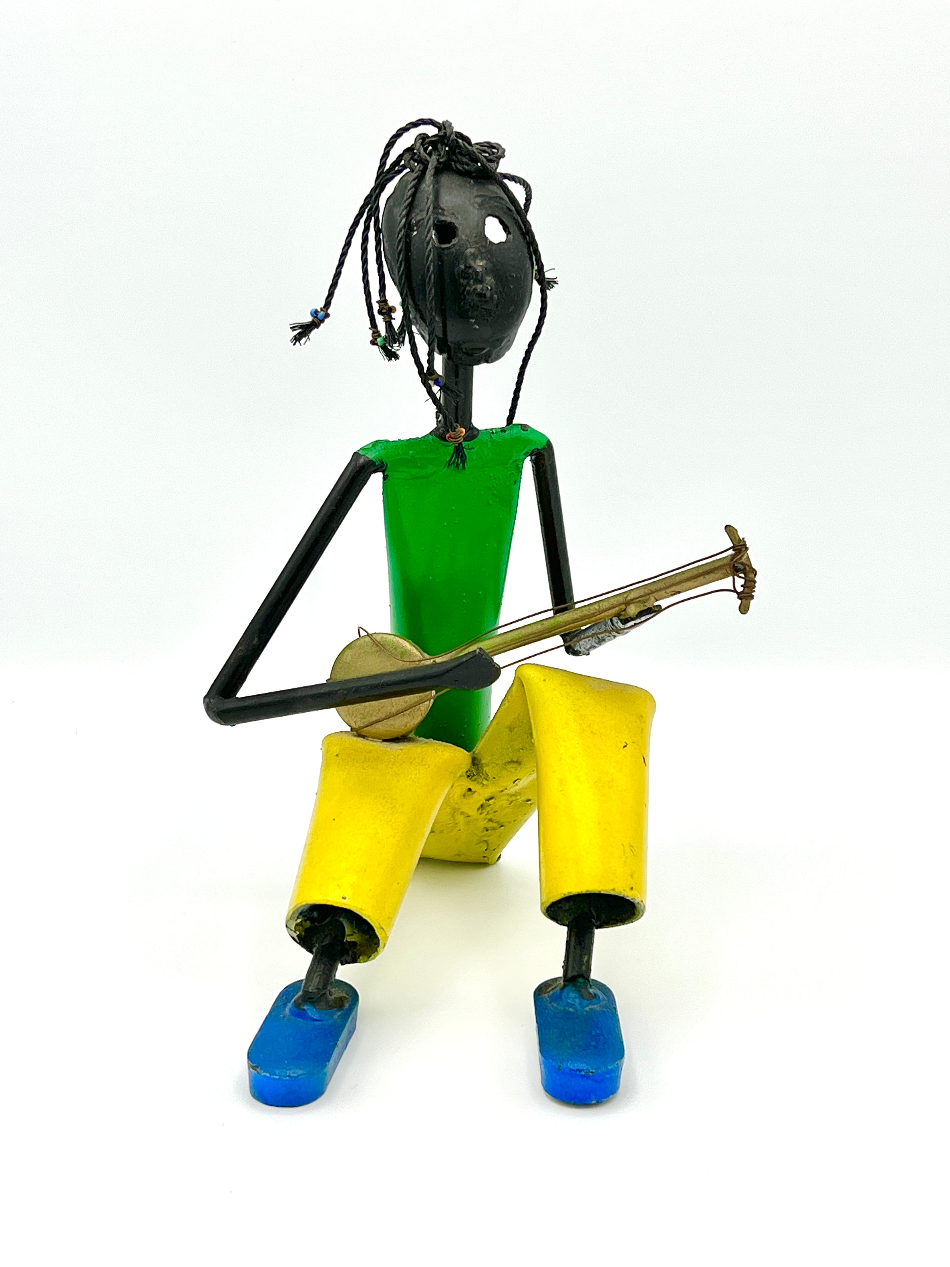 Multicolored Welded Metal Sculpture Musician w/ Twisted Beaded Hair