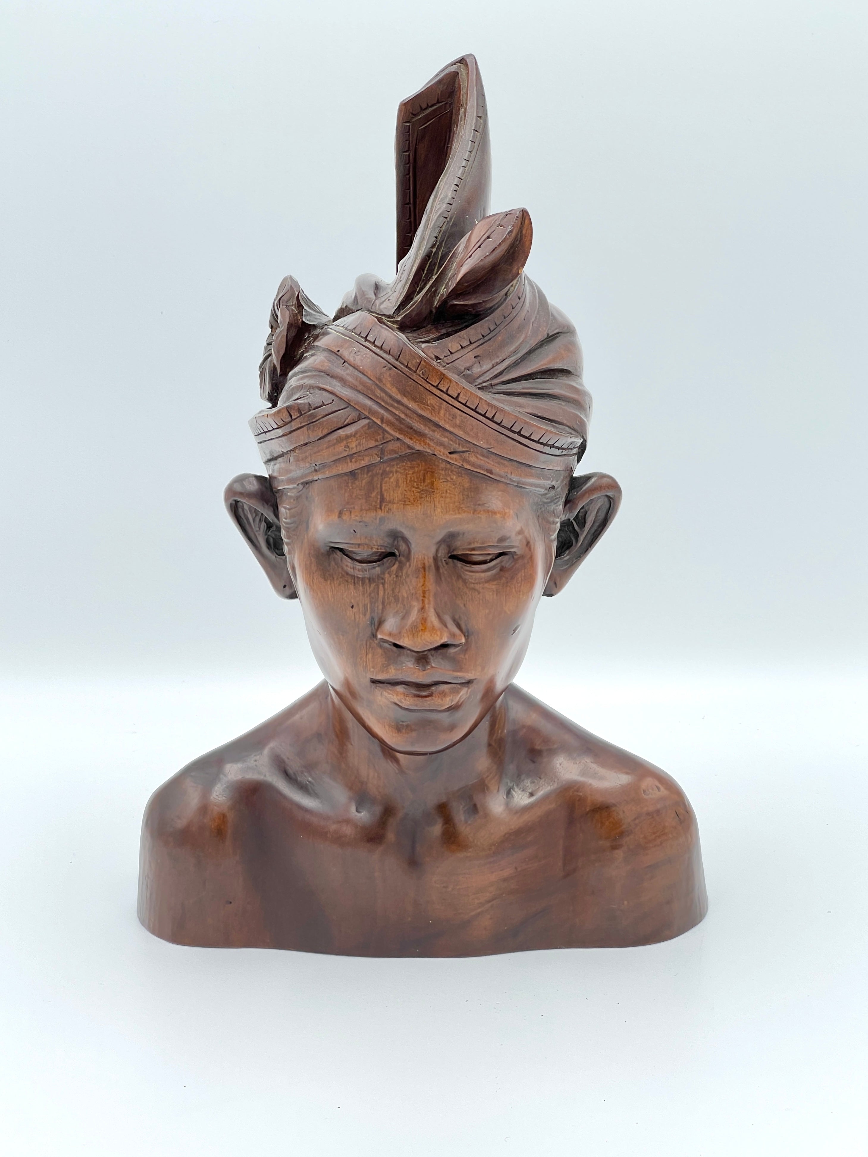 Vintage Malaysian Hard Wood Bust Sculpture w/ Headdress