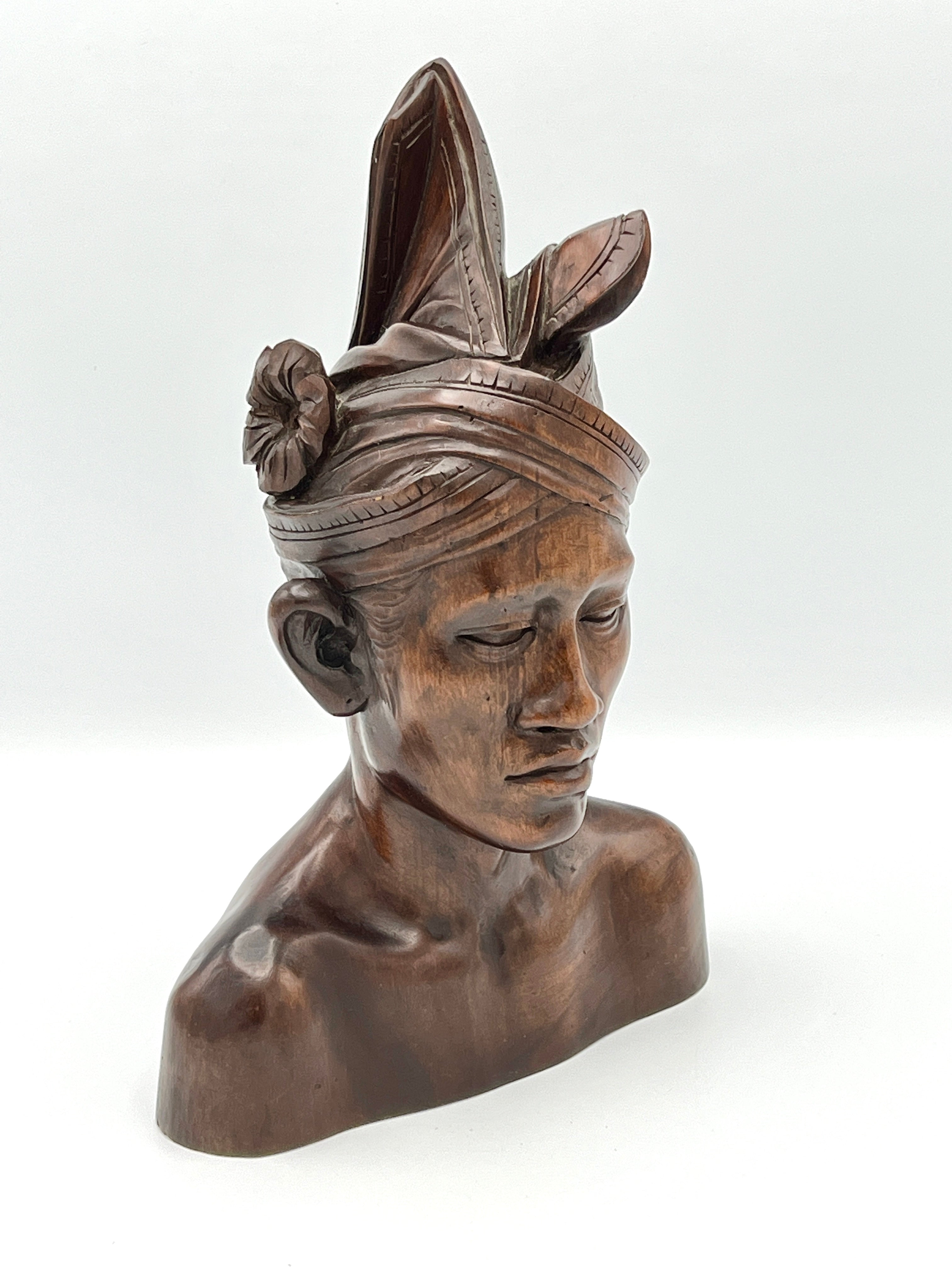 Vintage Malaysian Hard Wood Bust Sculpture w/ Headdress