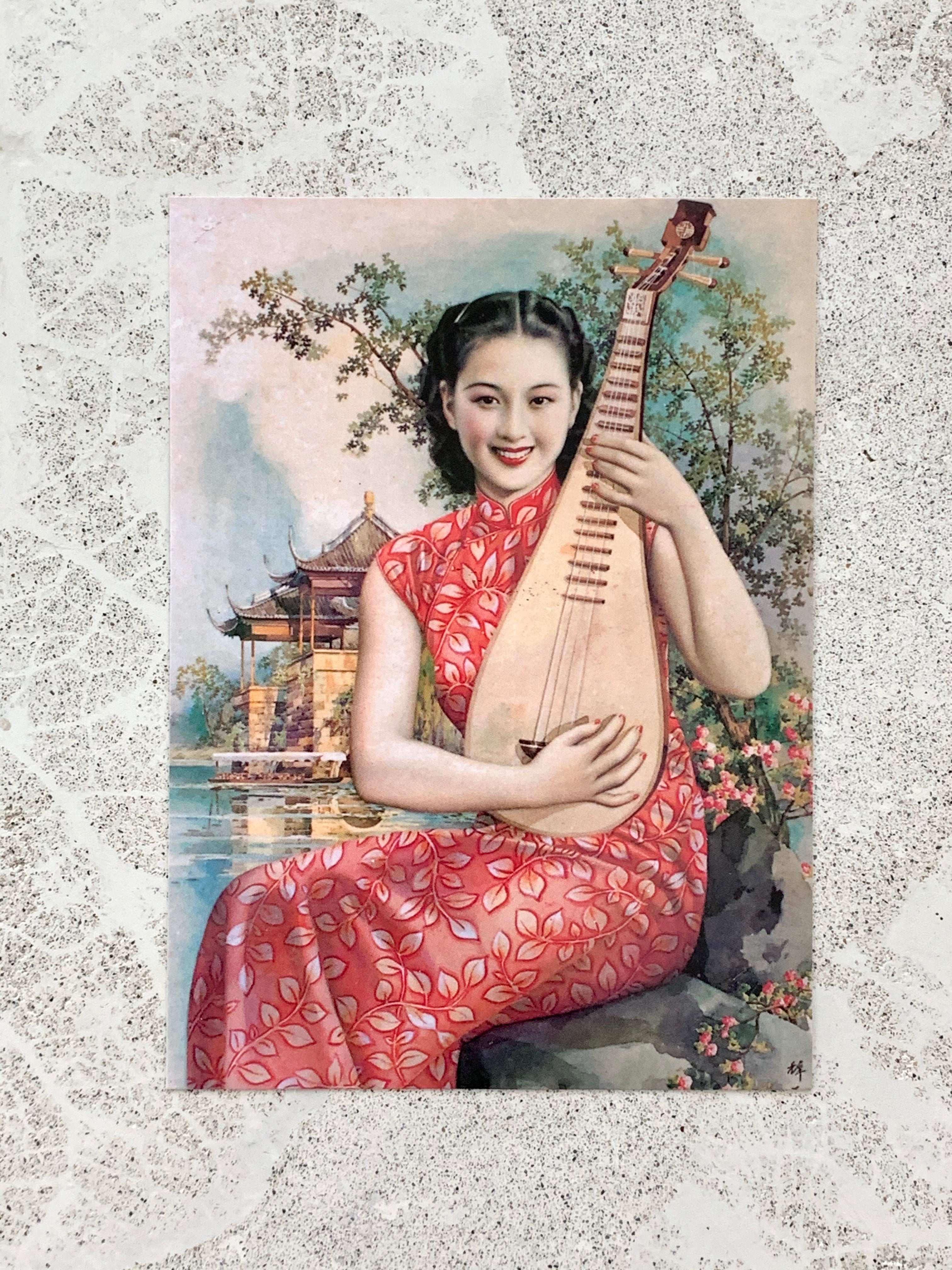 Postcard Art, Asian Woman Playing Mandolin in Silk Dress w/ Leaf Pattern
