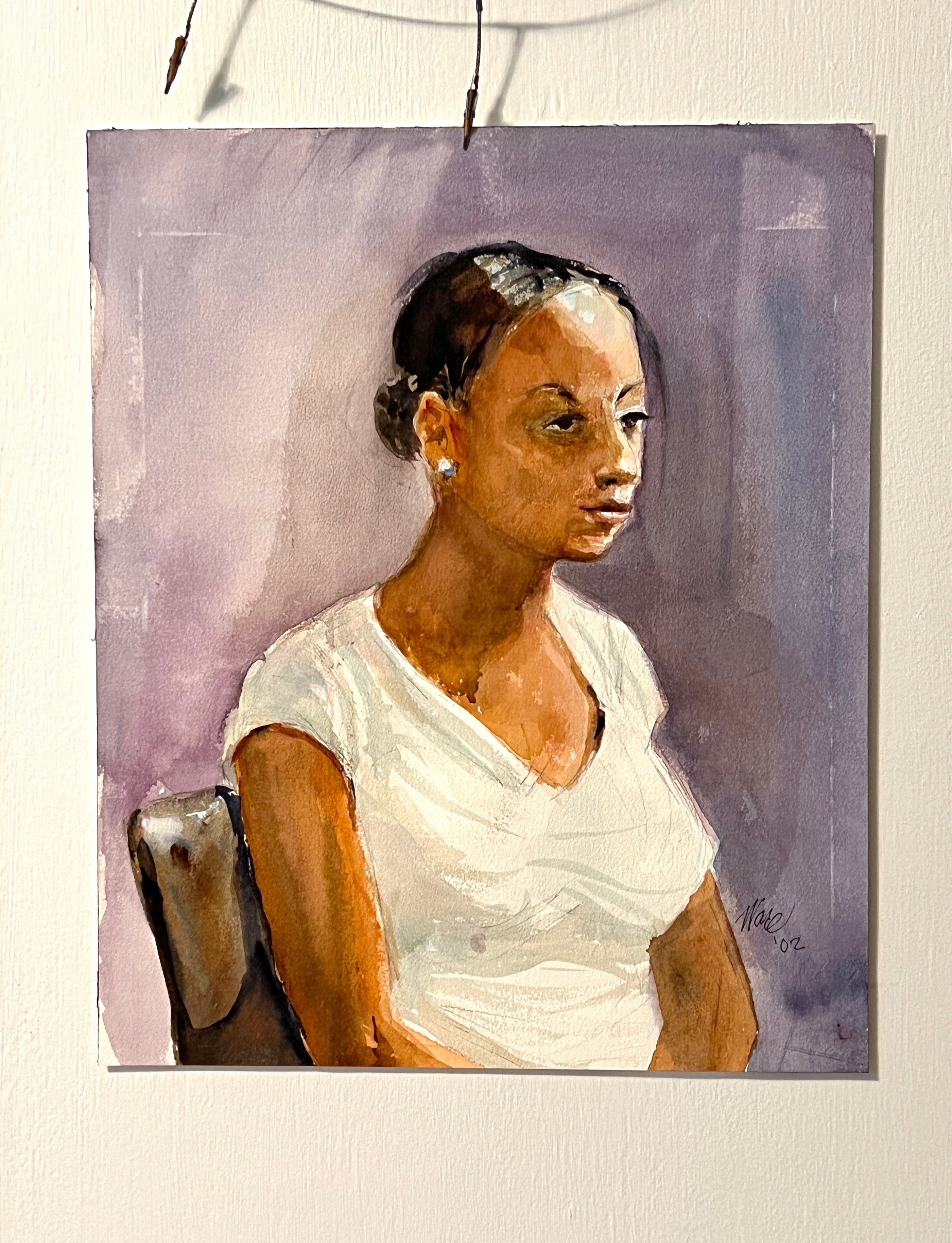 Original Signed Watercolor Portrait Seated African American Woman