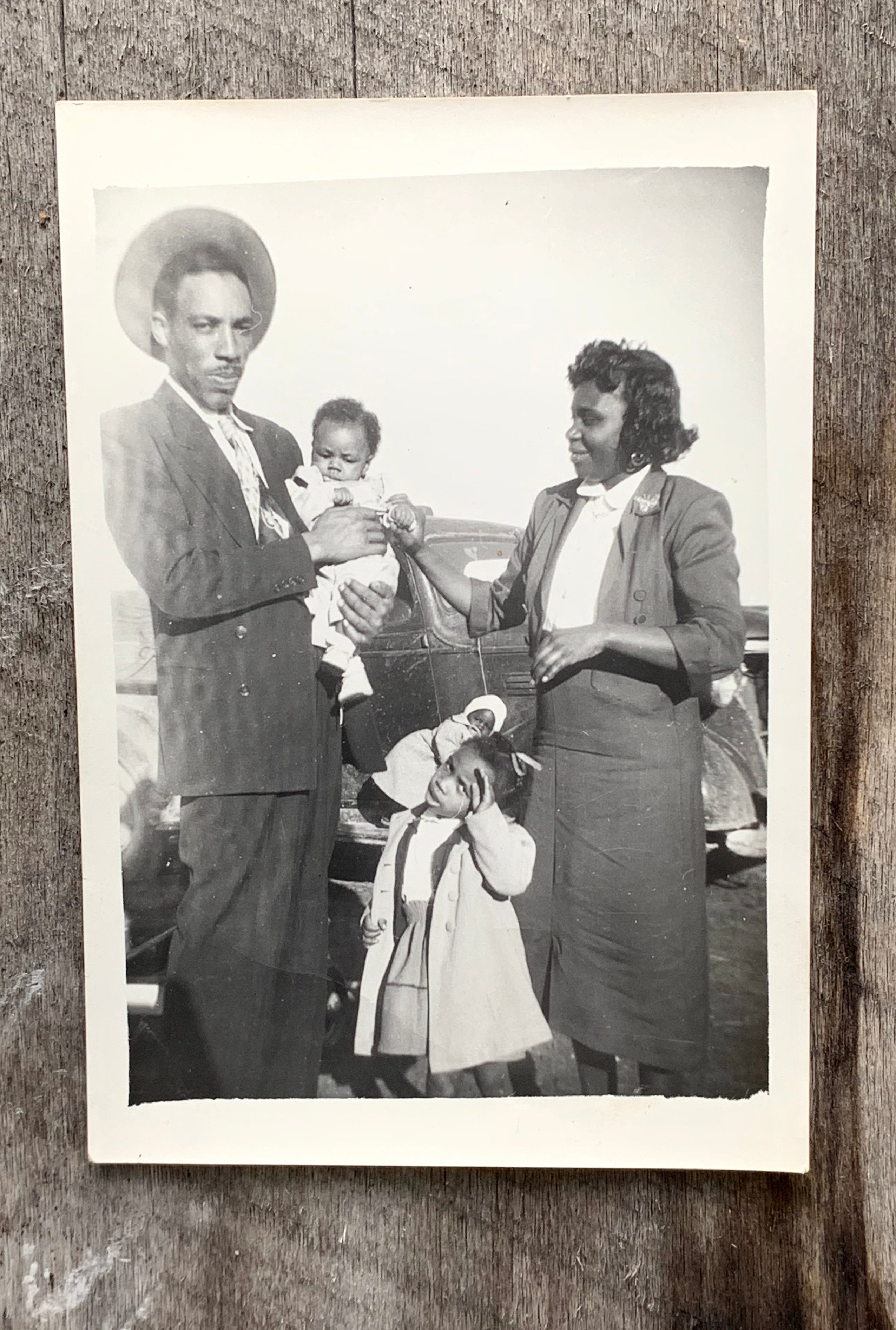 Vintage Photograph African American Family Portrait in Front of Car