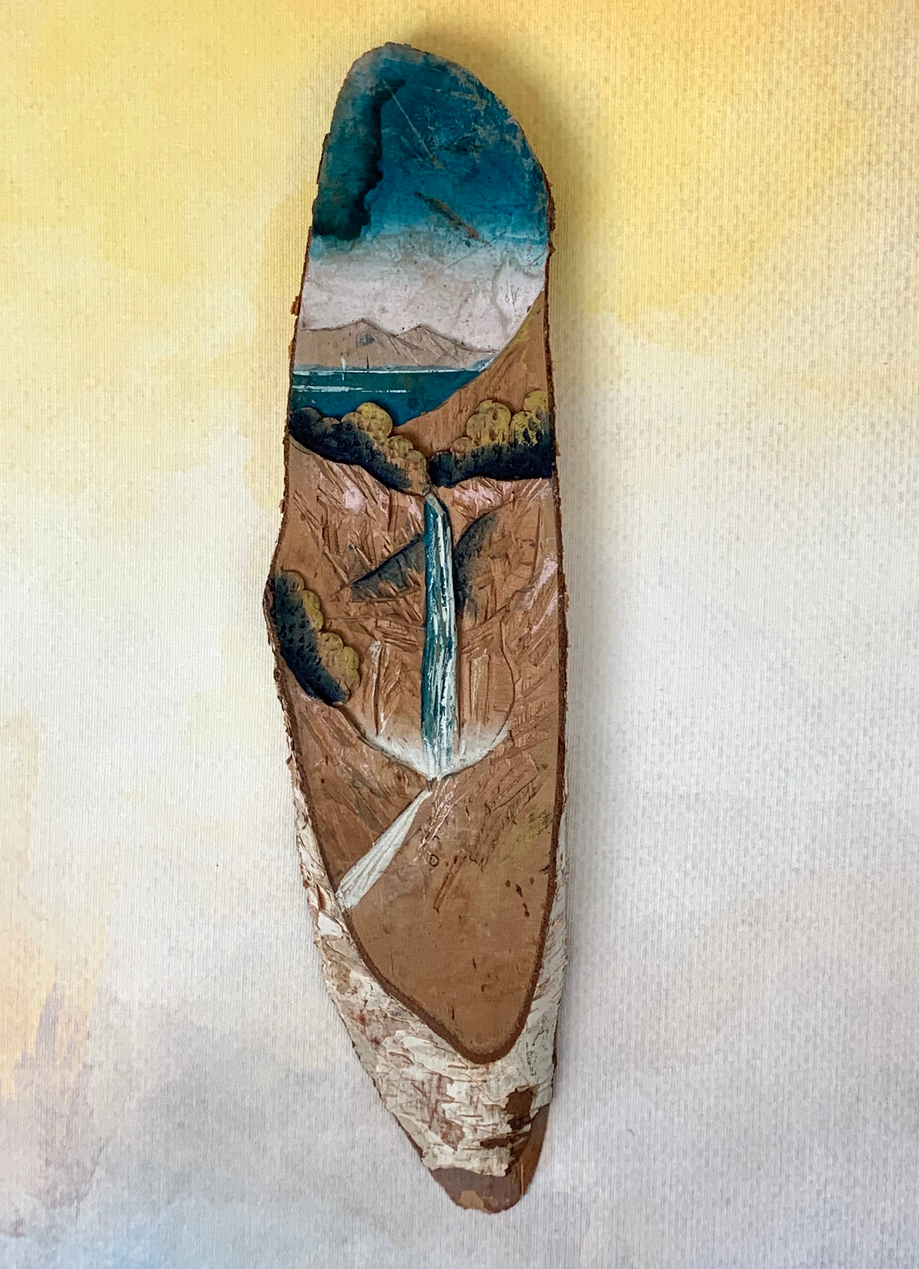 Mixed Media Art Carving on Wood Tree Bark Scenic & Waterfall View